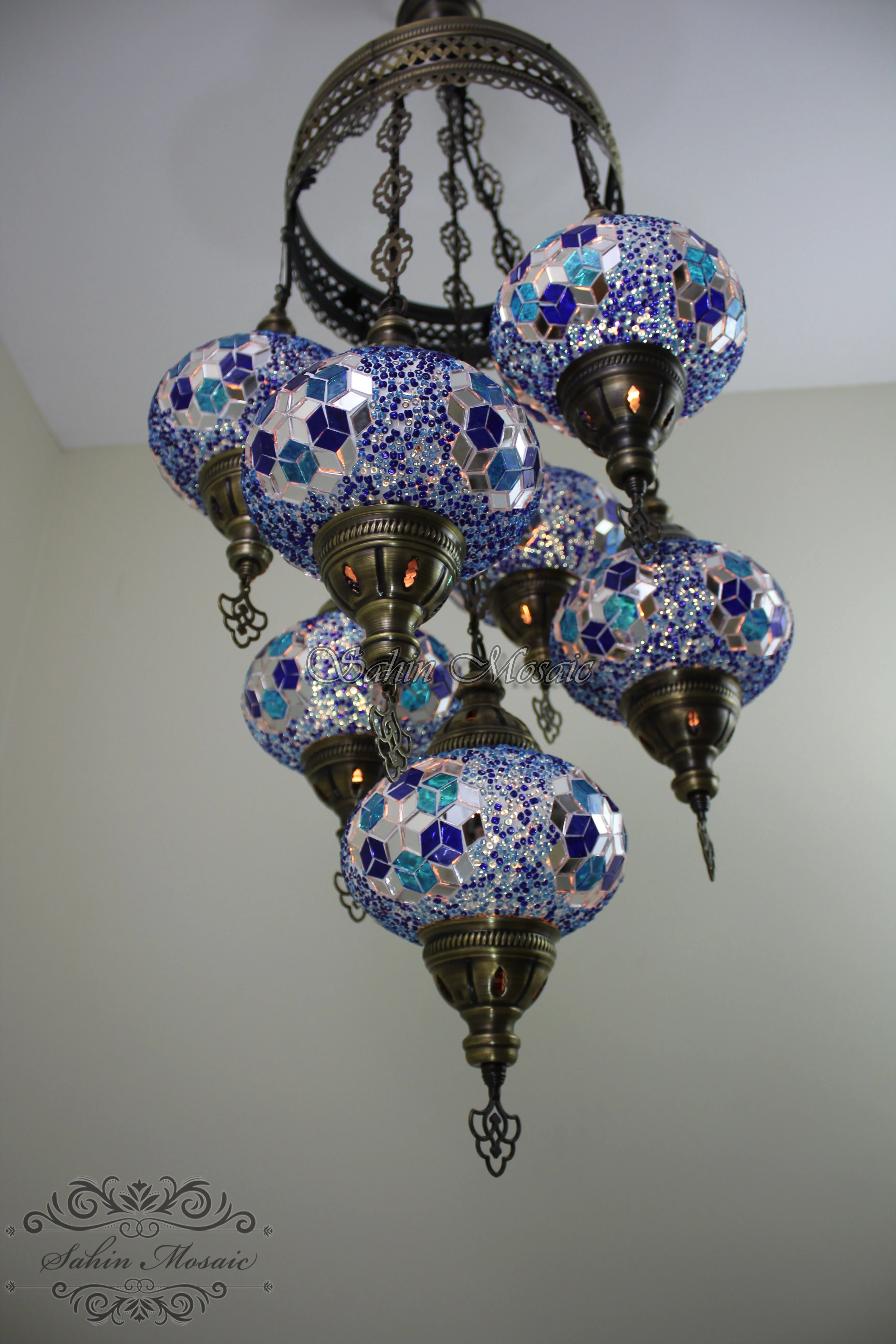 7 Ball Turkish Mosaic Chandelier - Handmade Sultan Design with Large Globes, ID: S7L-6 - Image 7