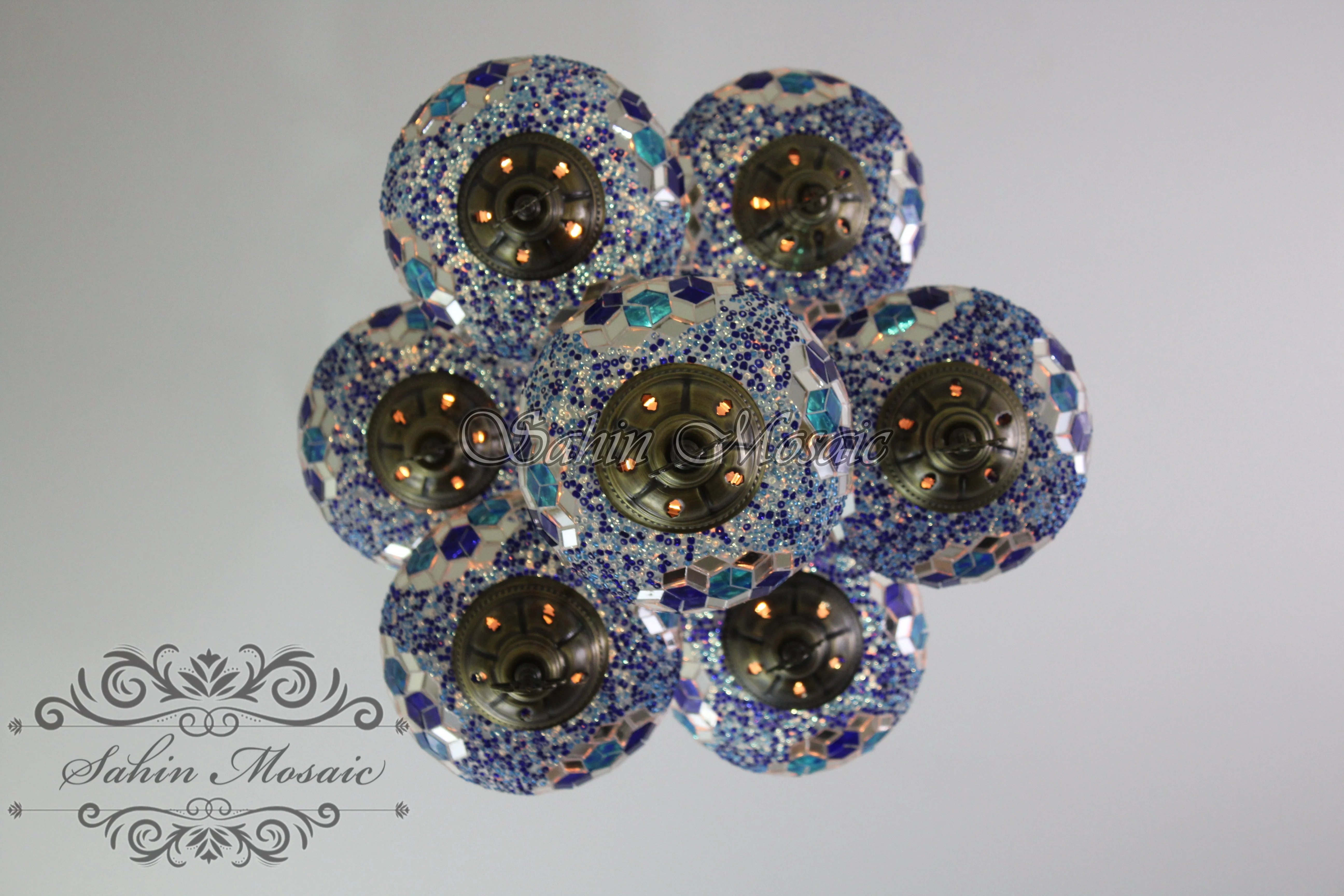 7 Ball Turkish Mosaic Chandelier - Handmade Sultan Design with Large Globes, ID: S7L-6 - Image 8