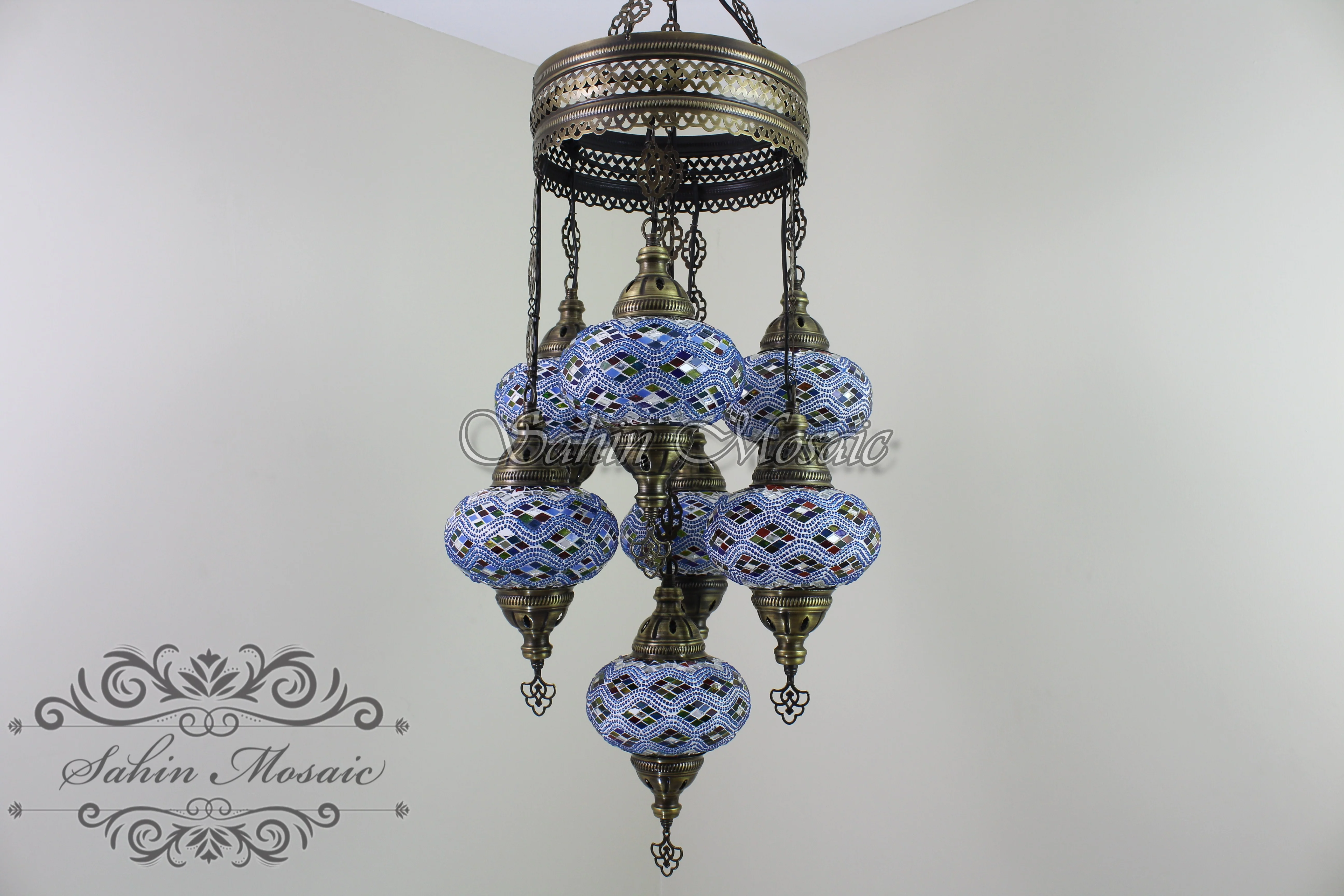 7 Ball Turkish Mosaic Chandelier - Handmade Sultan Design with Large Globes, ID: S7L-5