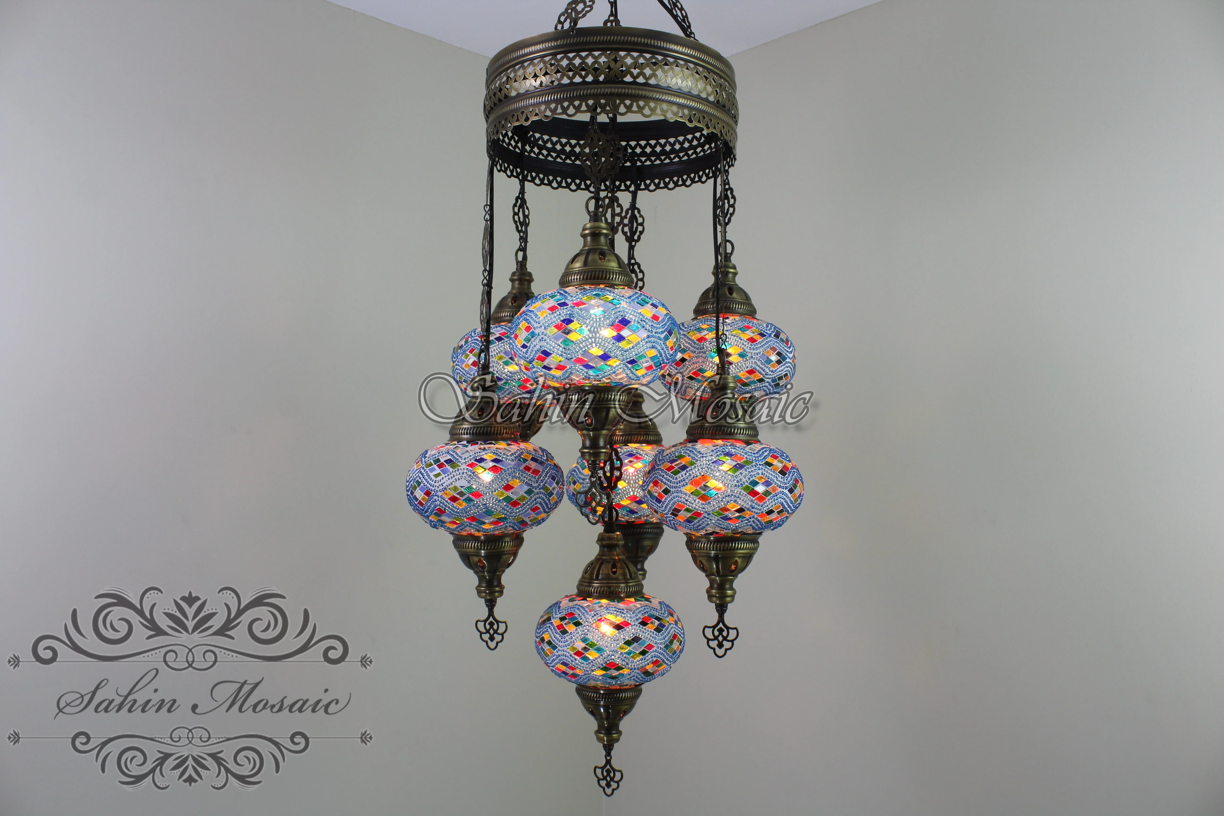 7 Ball Turkish Mosaic Chandelier - Handmade Sultan Design with Large Globes, ID: S7L-5 - Image 2