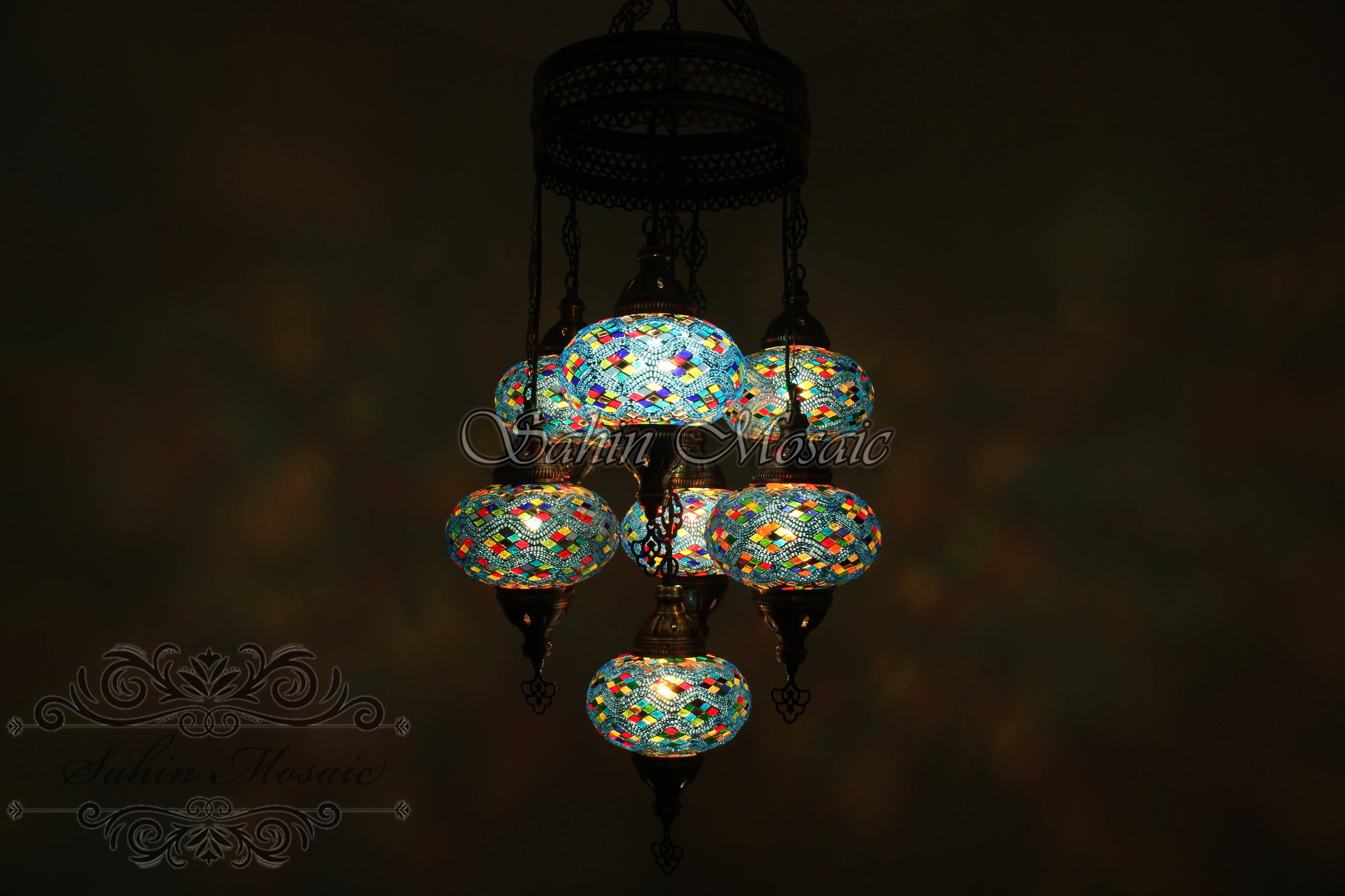 7 Ball Turkish Mosaic Chandelier - Handmade Sultan Design with Large Globes, ID: S7L-5 - Image 3