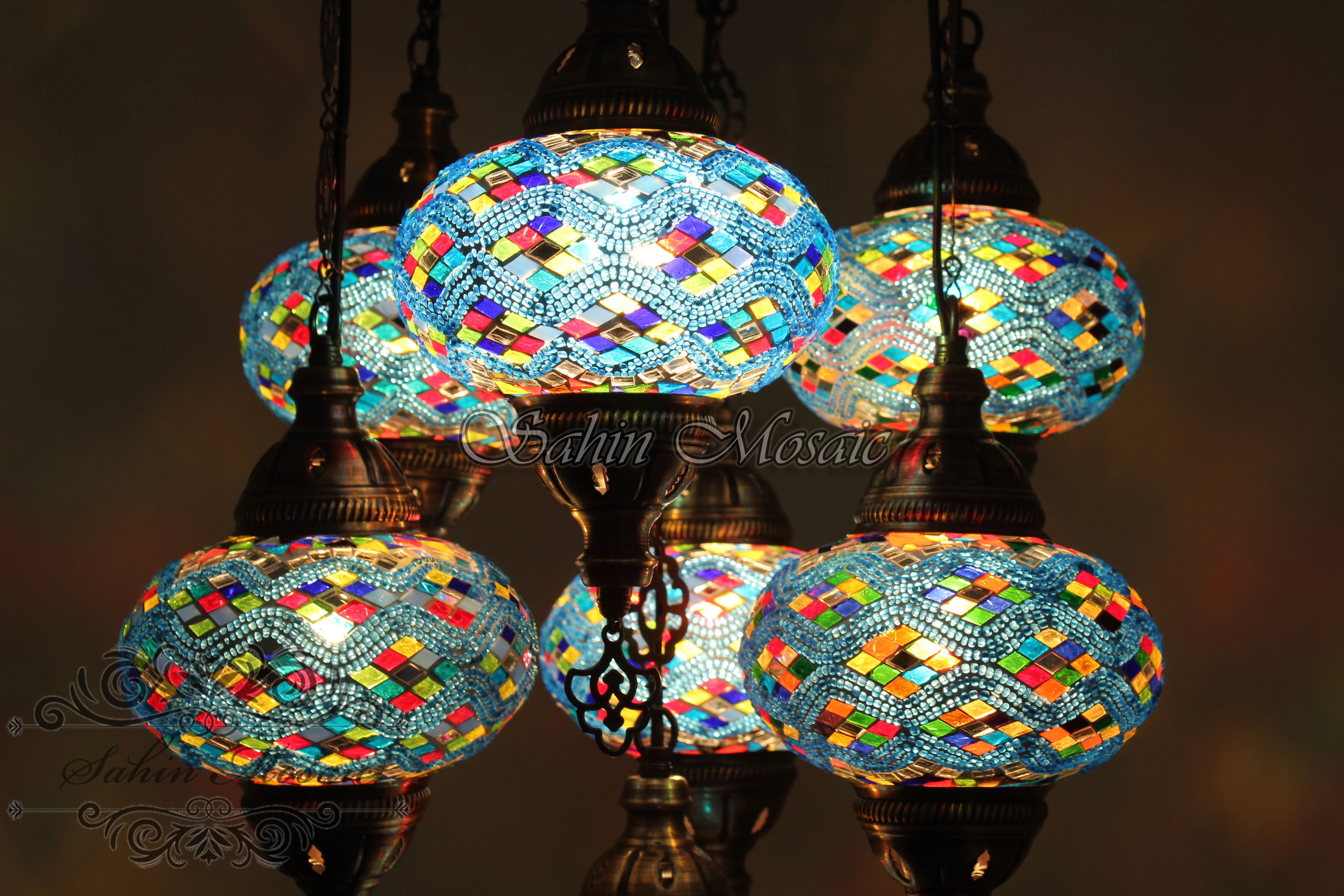7 Ball Turkish Mosaic Chandelier - Handmade Sultan Design with Large Globes, ID: S7L-5 - Image 4