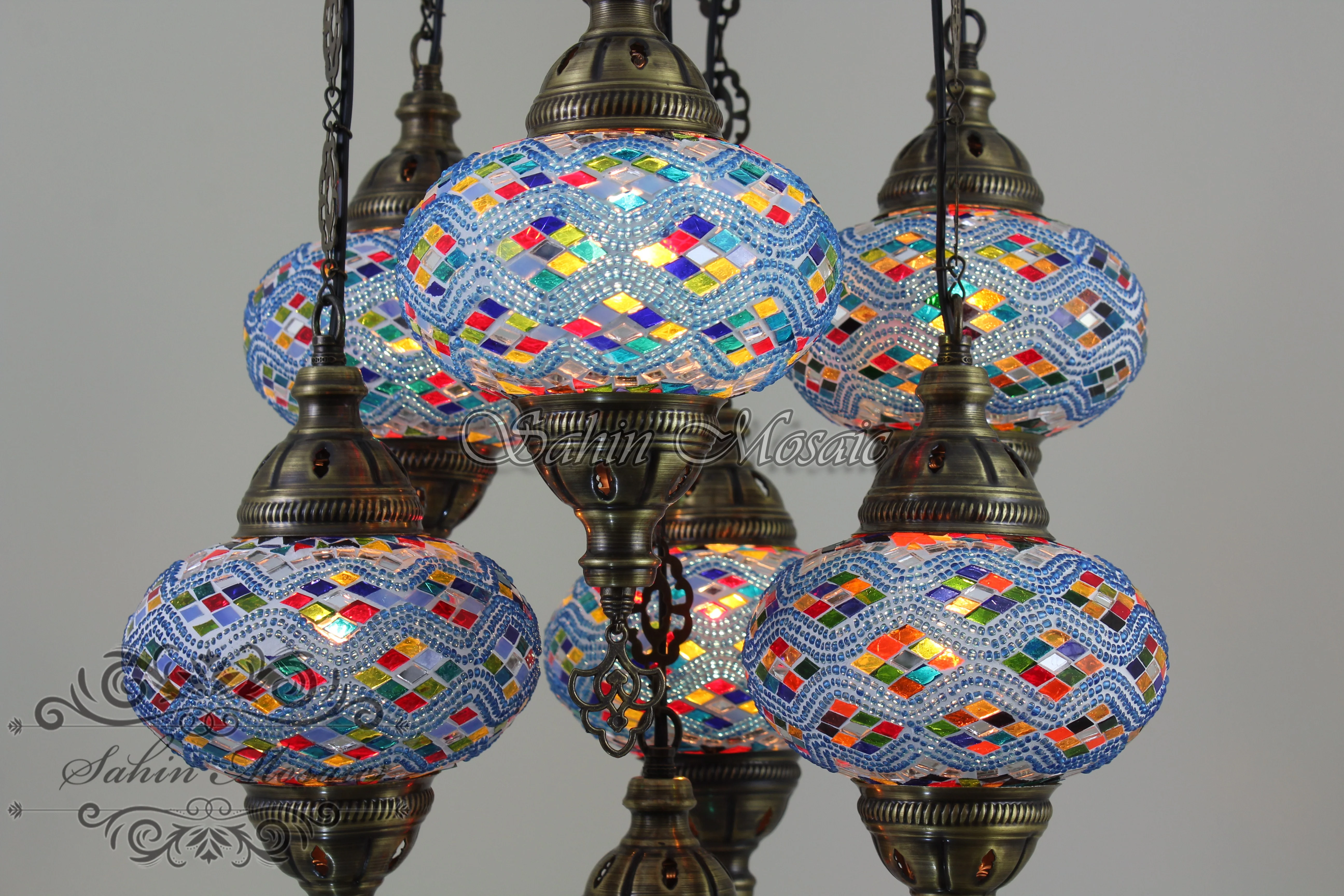 7 Ball Turkish Mosaic Chandelier - Handmade Sultan Design with Large Globes, ID: S7L-5 - Image 5