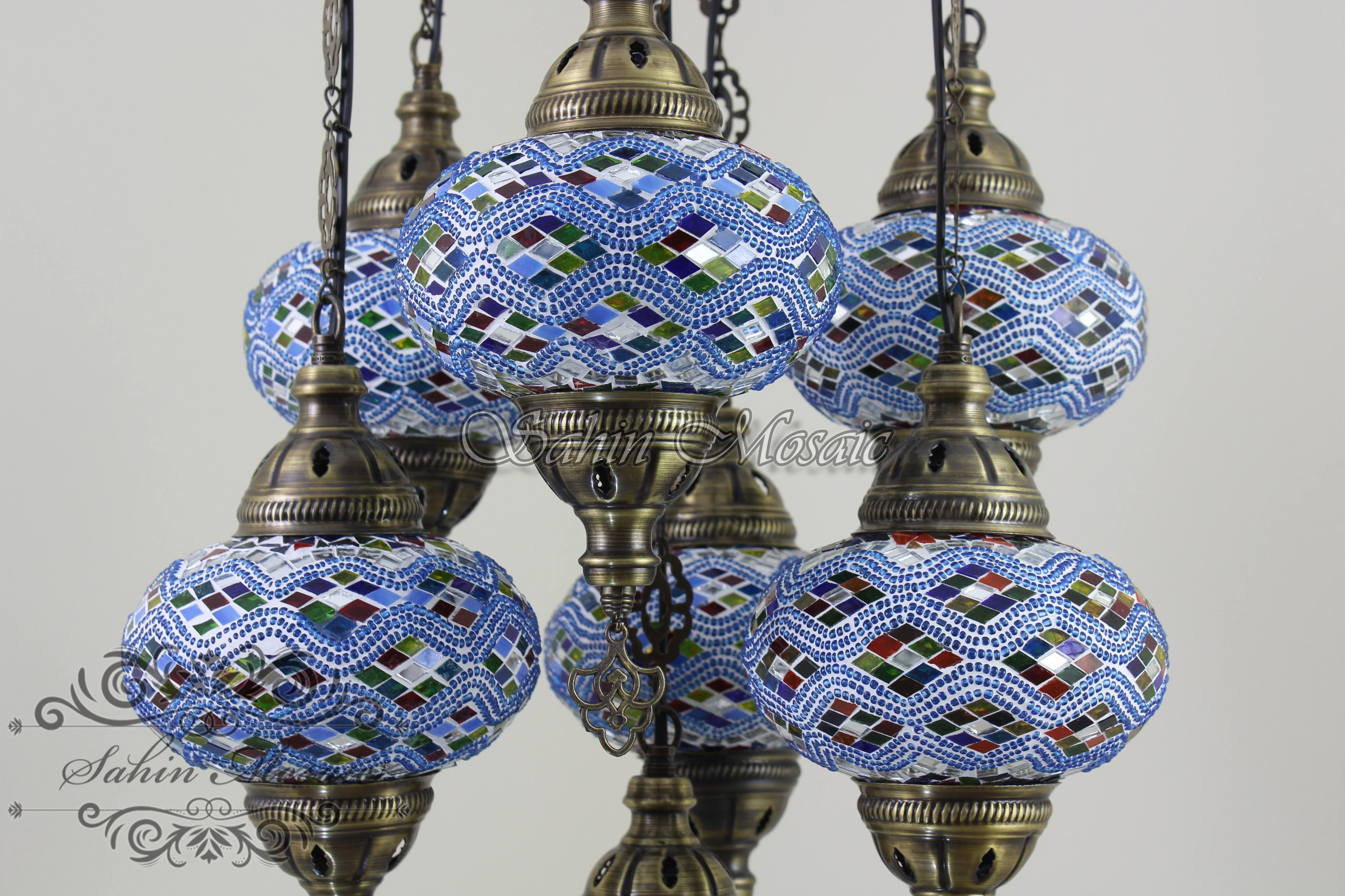 7 Ball Turkish Mosaic Chandelier - Handmade Sultan Design with Large Globes, ID: S7L-5 - Image 6