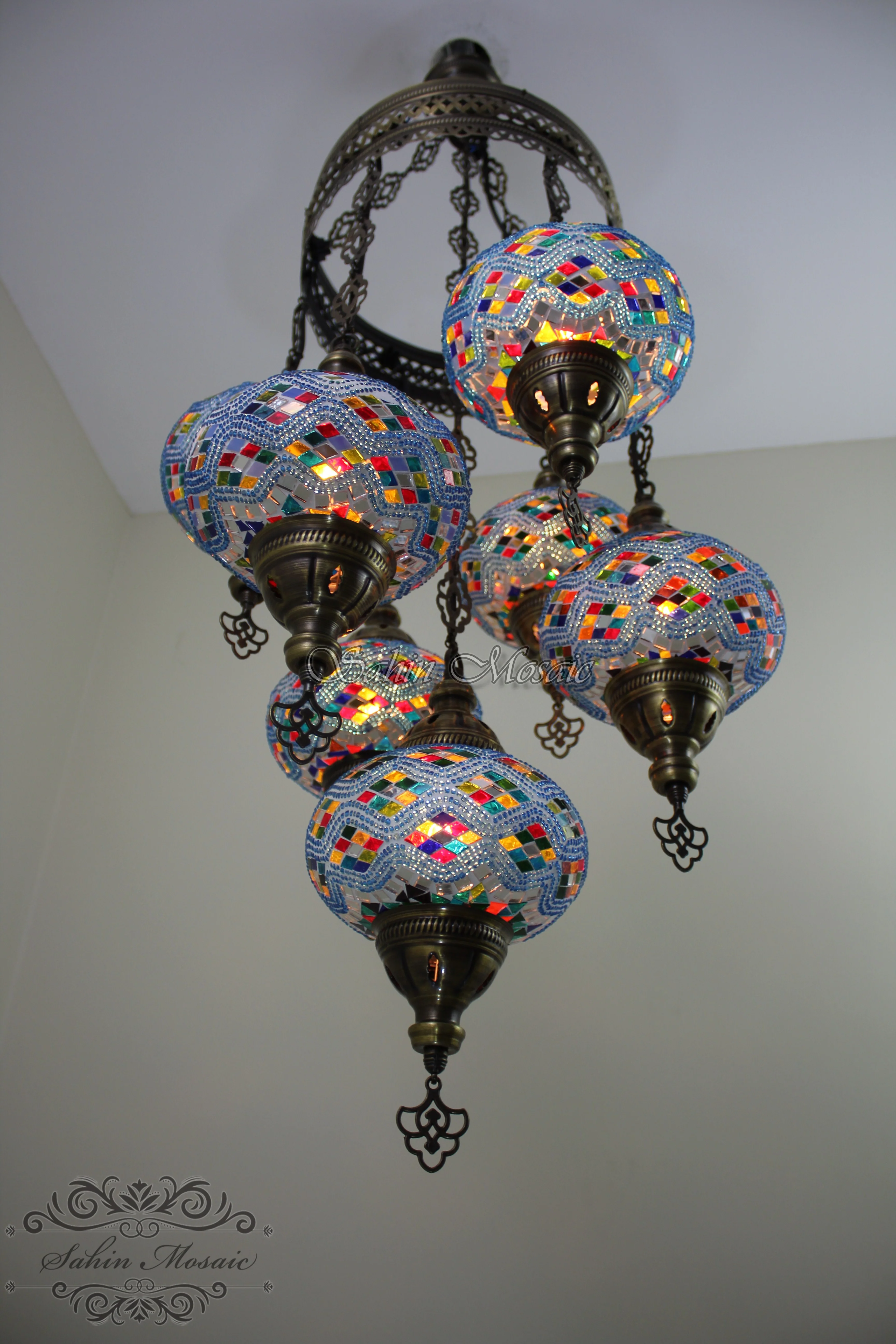 7 Ball Turkish Mosaic Chandelier - Handmade Sultan Design with Large Globes, ID: S7L-5 - Image 7