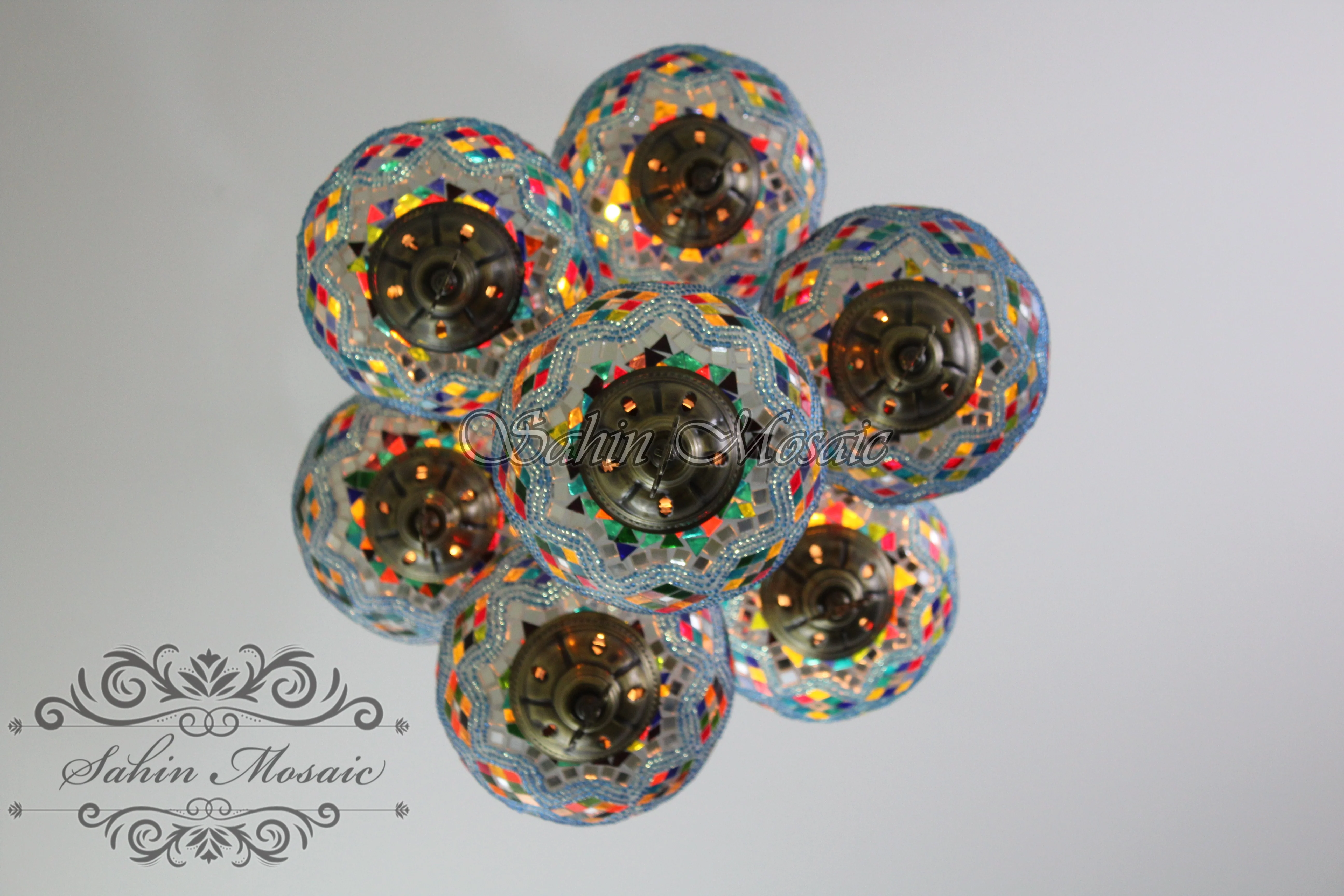 7 Ball Turkish Mosaic Chandelier - Handmade Sultan Design with Large Globes, ID: S7L-5 - Image 8