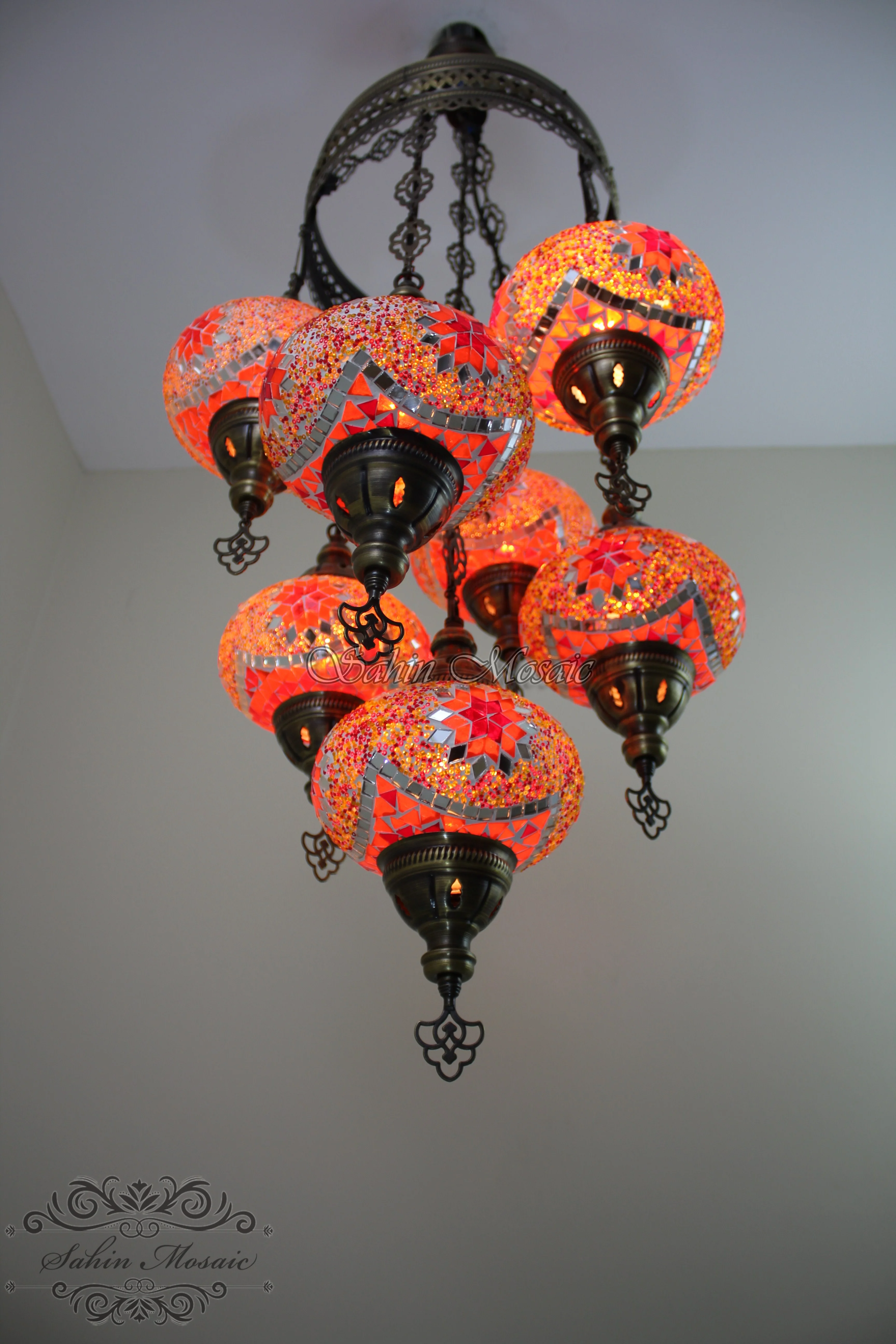 7 Ball Turkish Mosaic Chandelier - Handmade Sultan Design with Large Globes, ID: S7L-8 - Image 3