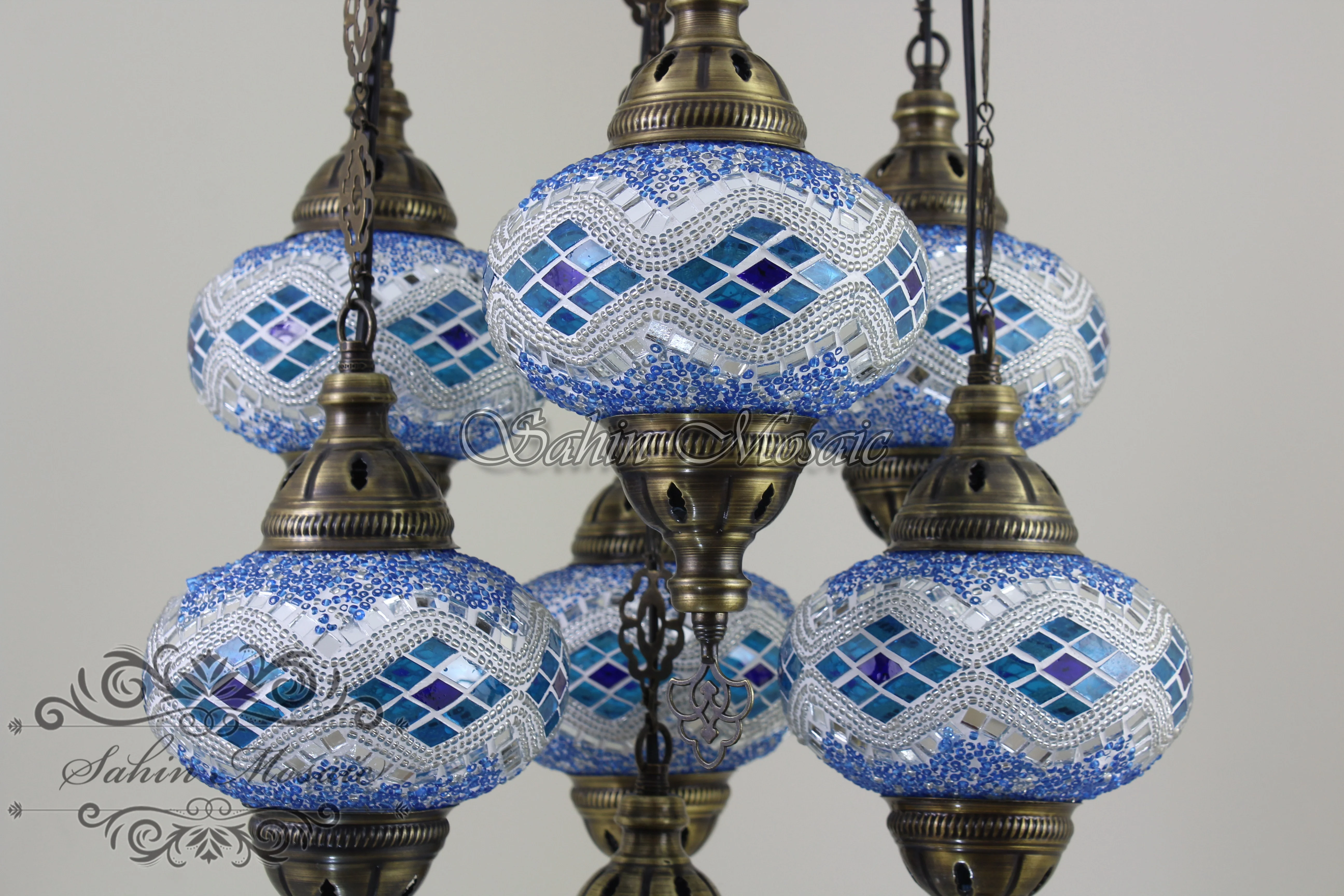 7 Ball Turkish Mosaic Chandelier - Handmade Sultan Design with Large Globes, ID: S7L-4