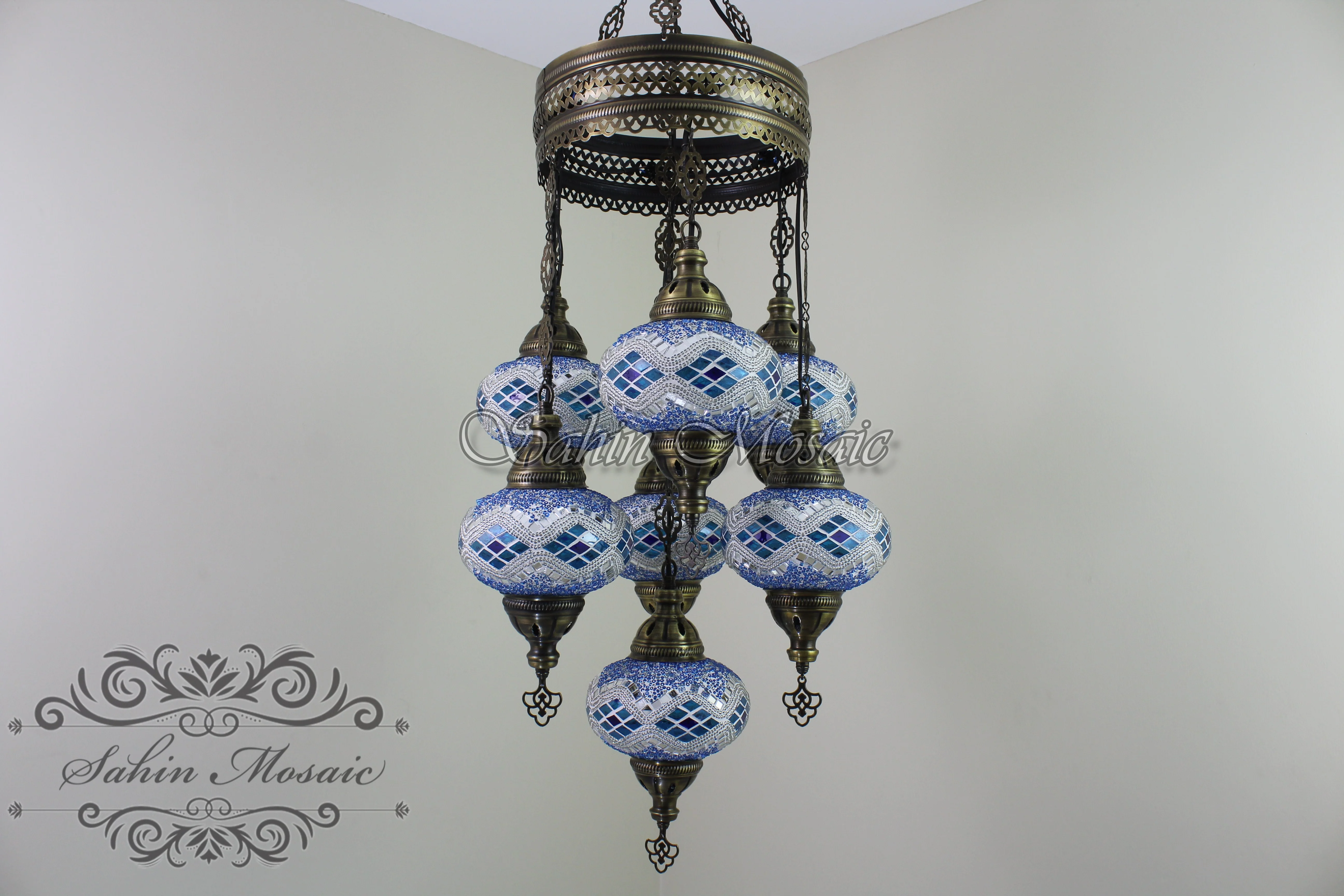 7 Ball Turkish Mosaic Chandelier - Handmade Sultan Design with Large Globes, ID: S7L-4 - Image 2