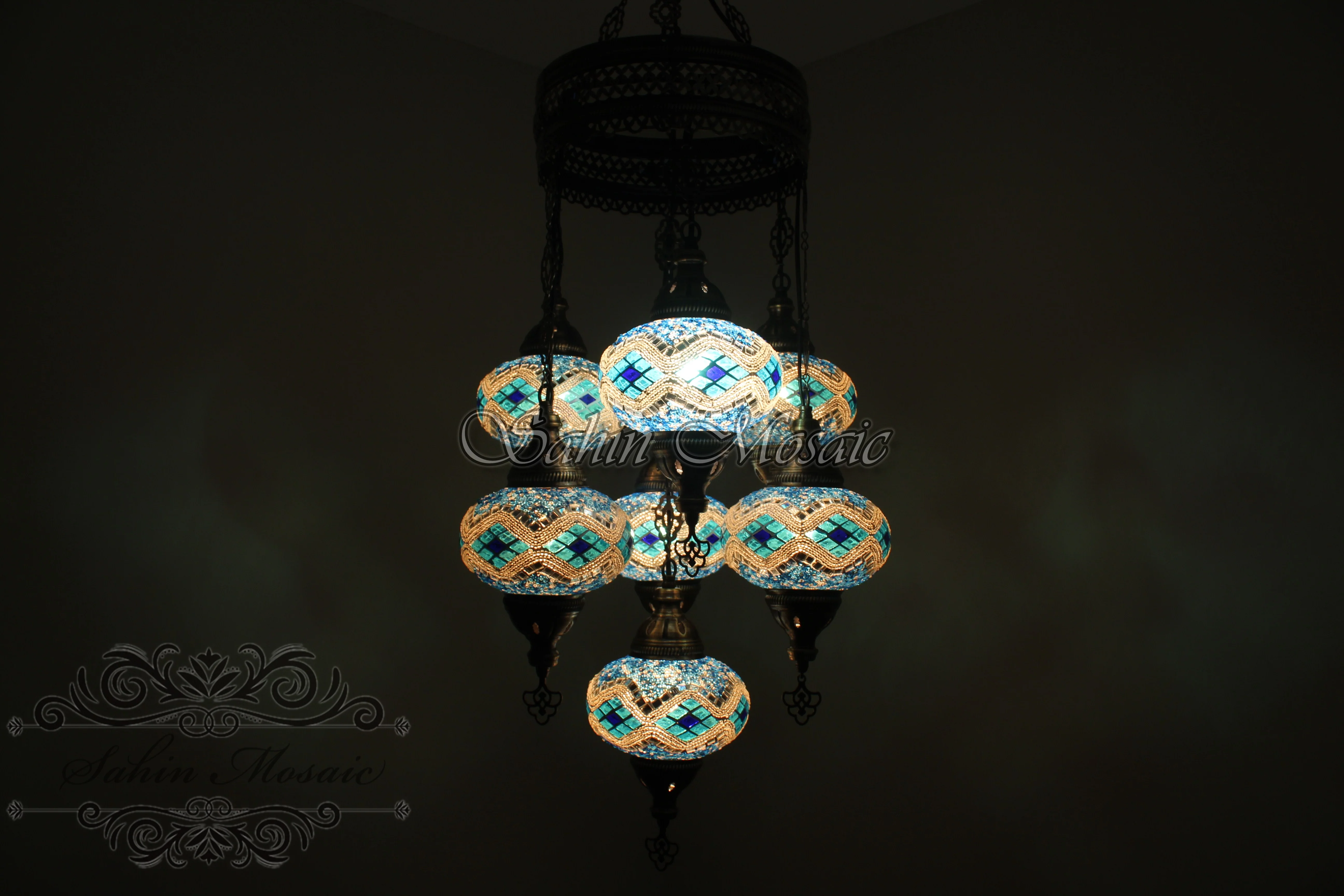 7 Ball Turkish Mosaic Chandelier - Handmade Sultan Design with Large Globes, ID: S7L-4 - Image 4