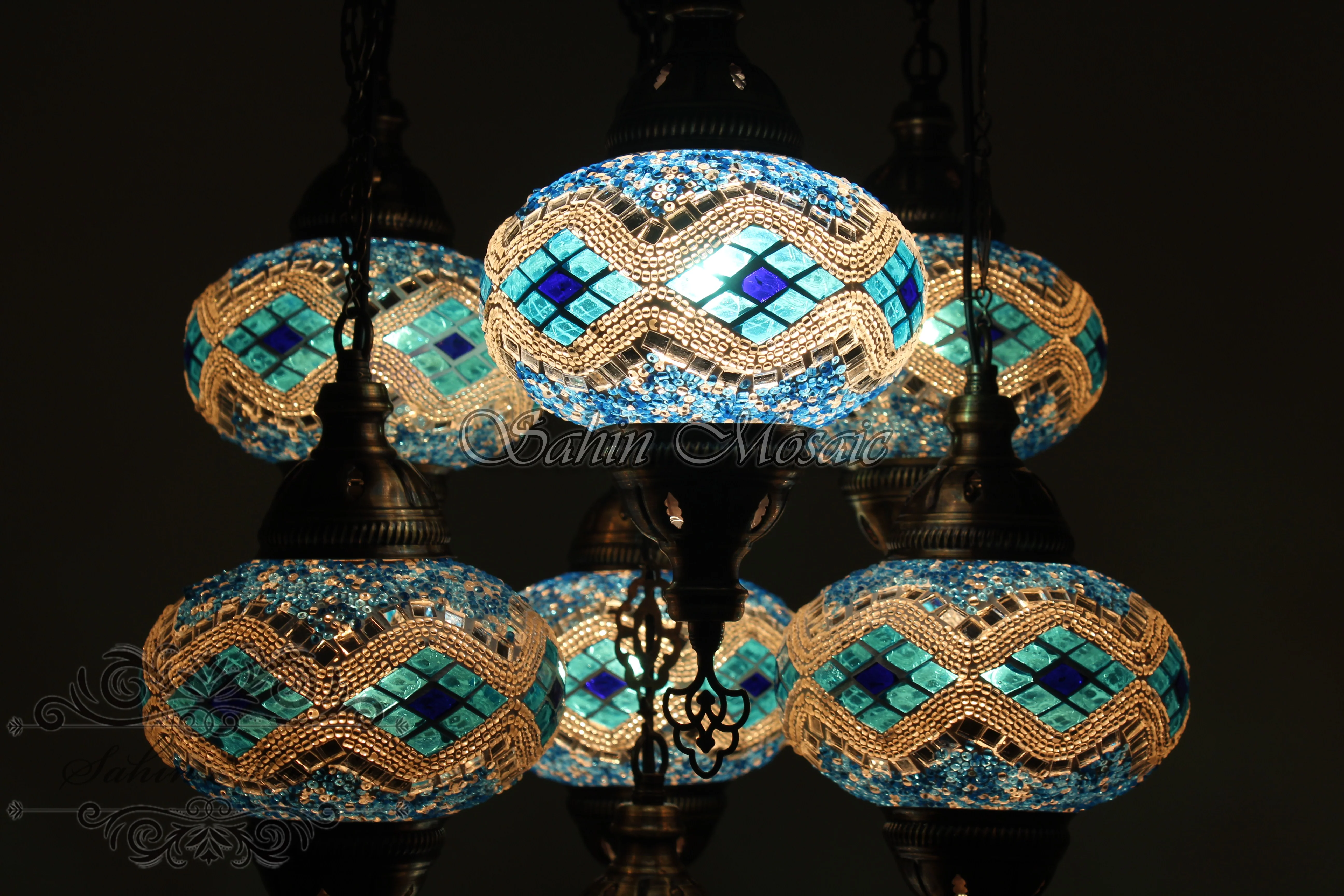 7 Ball Turkish Mosaic Chandelier - Handmade Sultan Design with Large Globes, ID: S7L-4 - Image 5