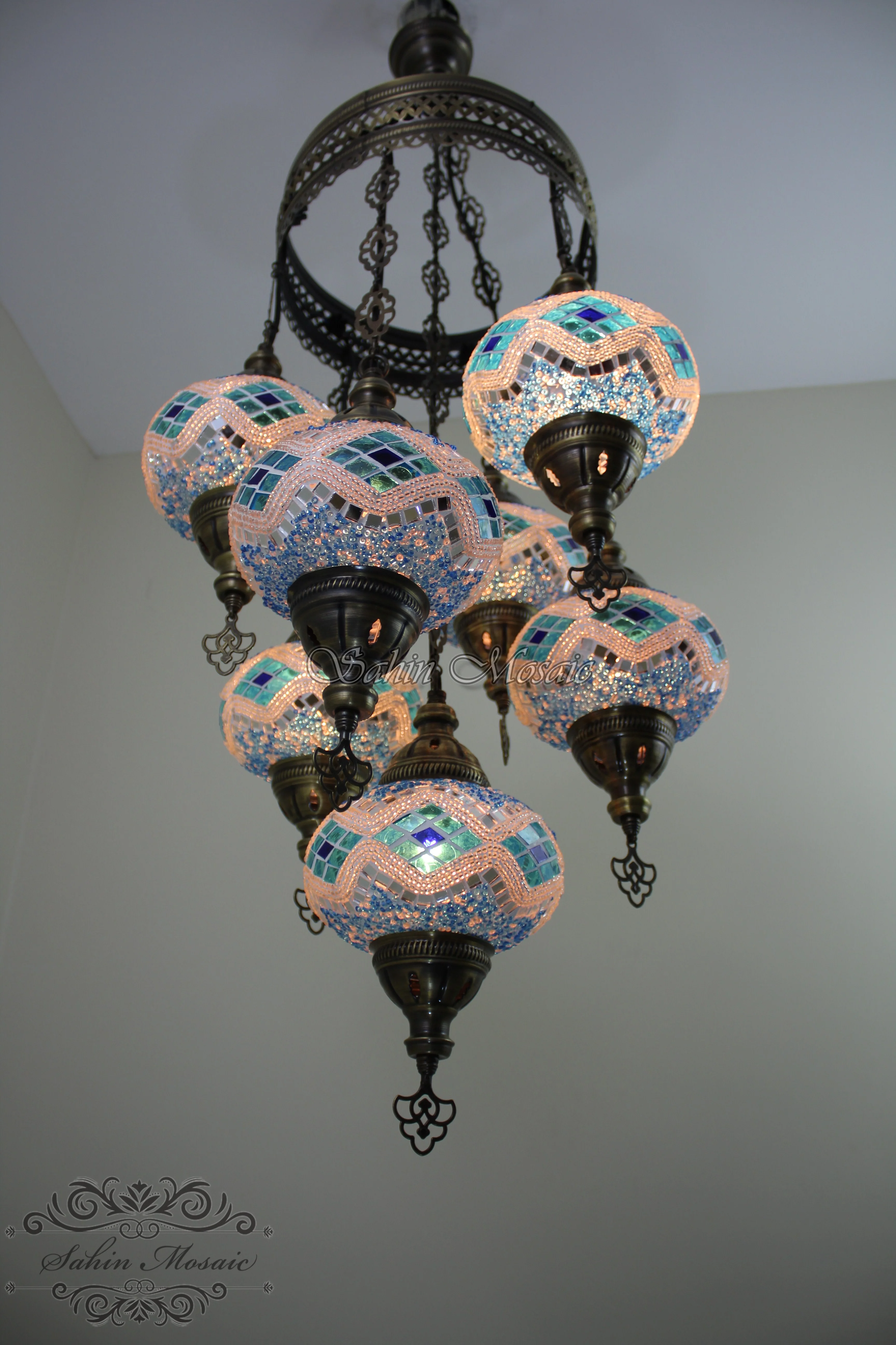 7 Ball Turkish Mosaic Chandelier - Handmade Sultan Design with Large Globes, ID: S7L-4 - Image 7