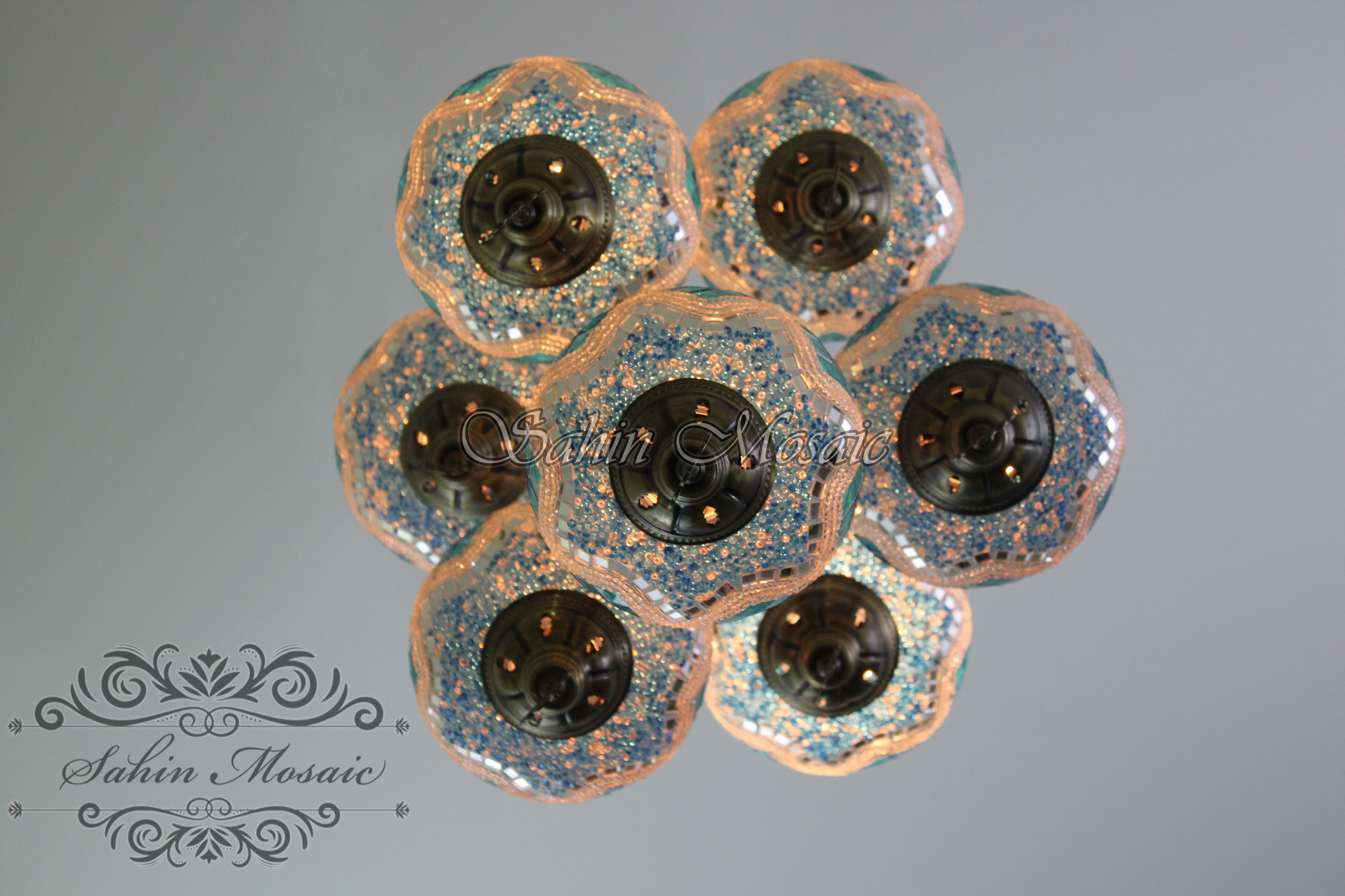 7 Ball Turkish Mosaic Chandelier - Handmade Sultan Design with Large Globes, ID: S7L-4 - Image 8