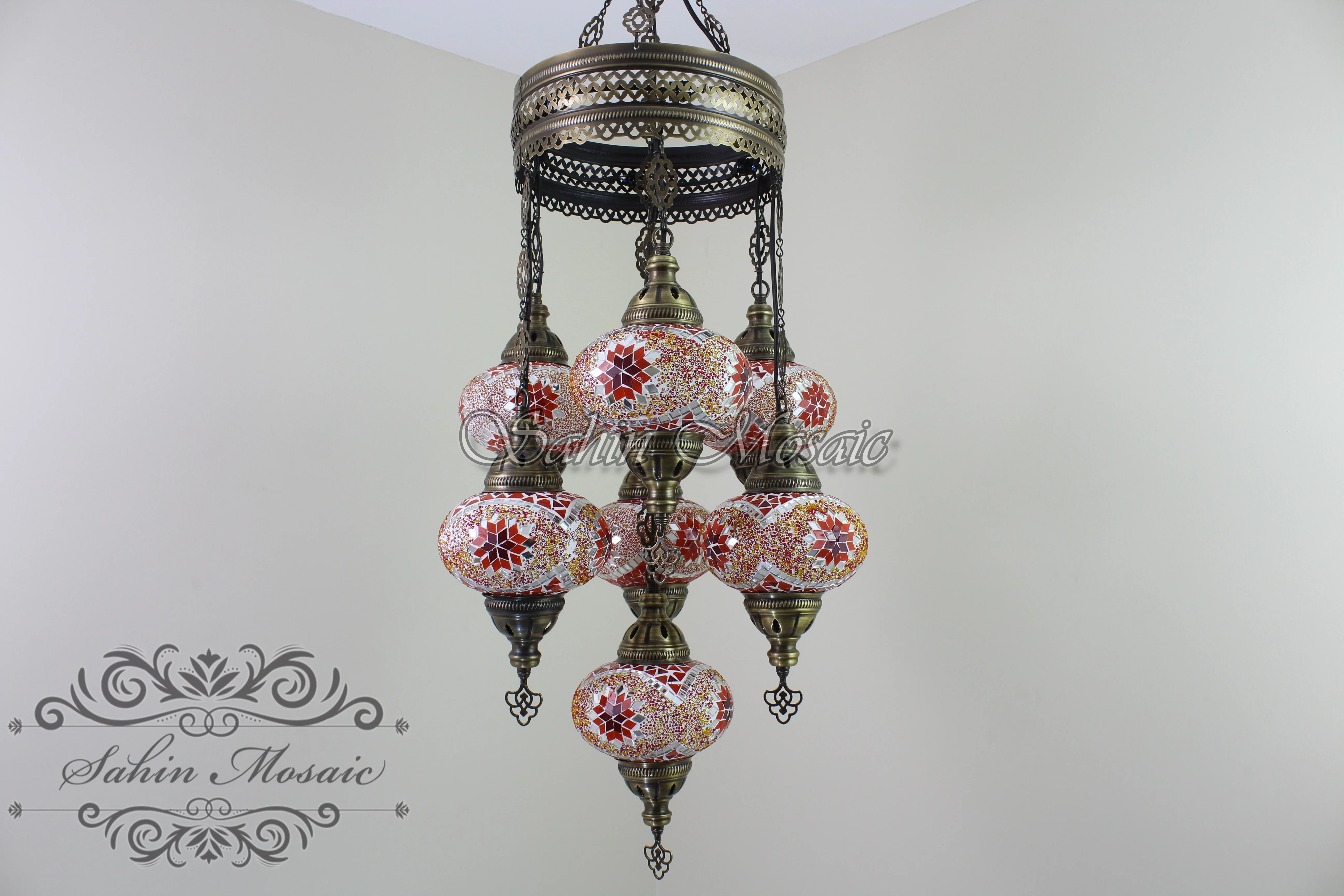 7 Ball Turkish Mosaic Chandelier - Handmade Sultan Design with Large Globes, ID: S7L-8 - Image 4