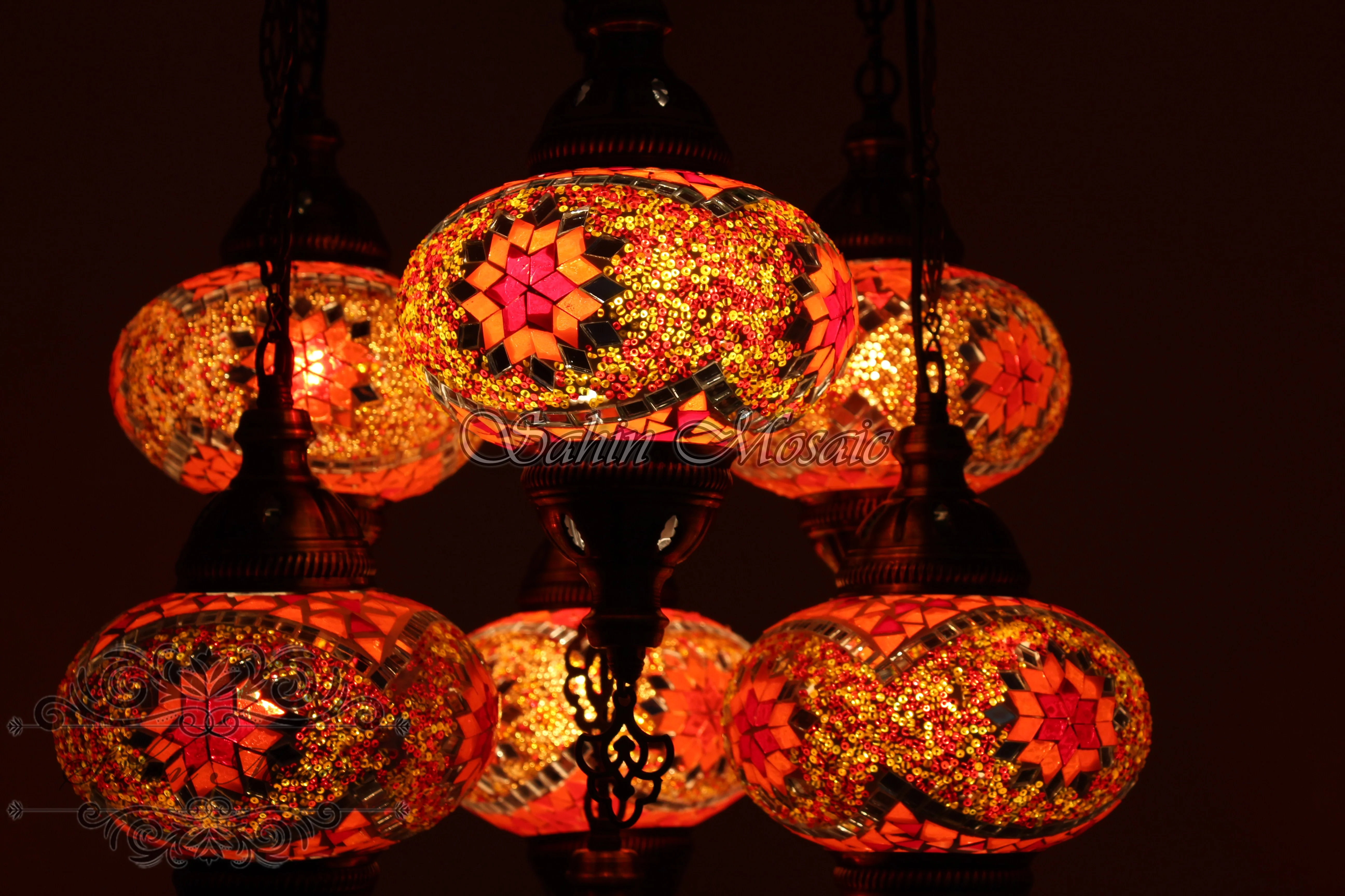 7 Ball Turkish Mosaic Chandelier - Handmade Sultan Design with Large Globes, ID: S7L-8 - Image 5