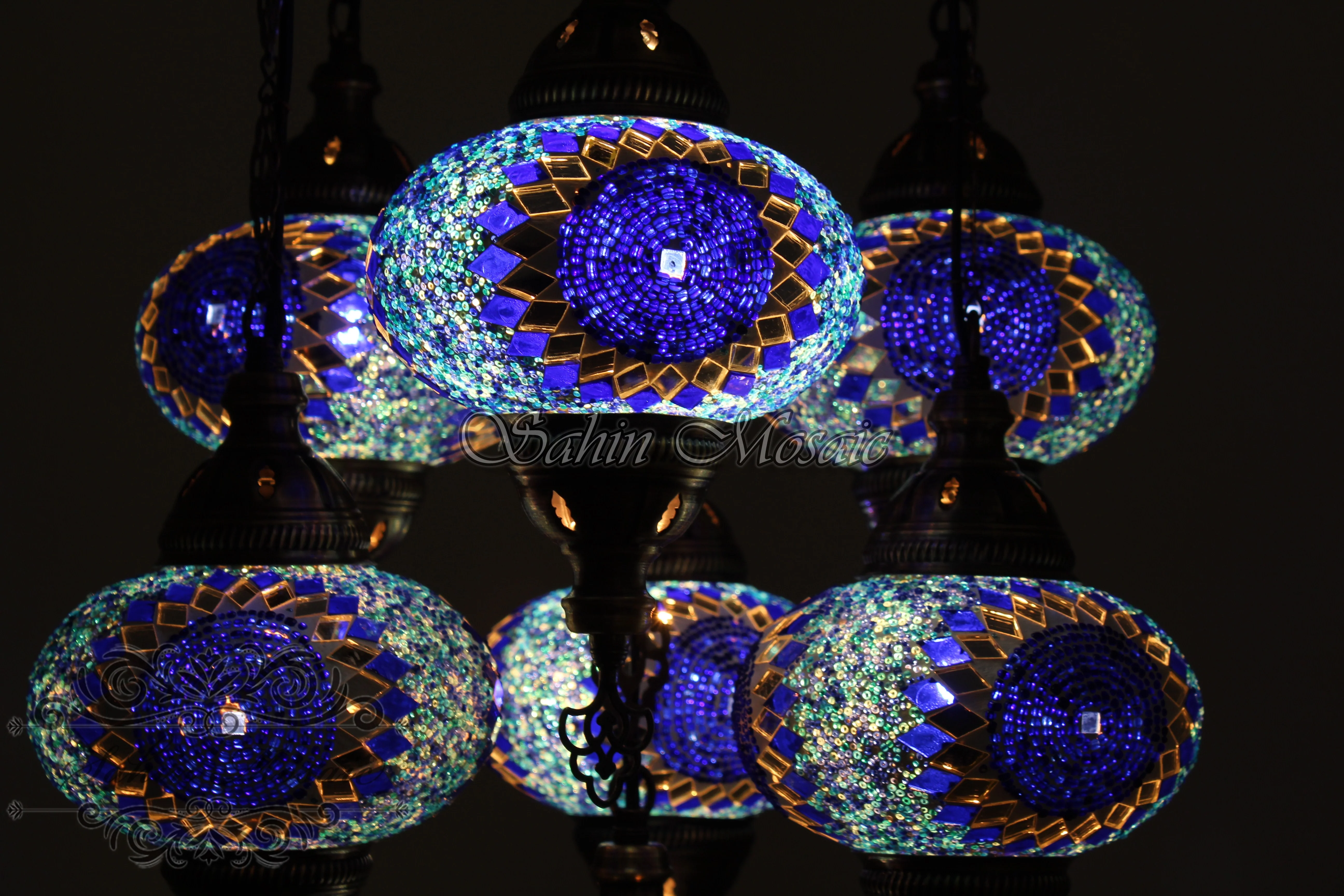 7 Ball Turkish Mosaic Chandelier - Handmade Sultan Design with Large Globes, ID: S7L-3 - Image 5