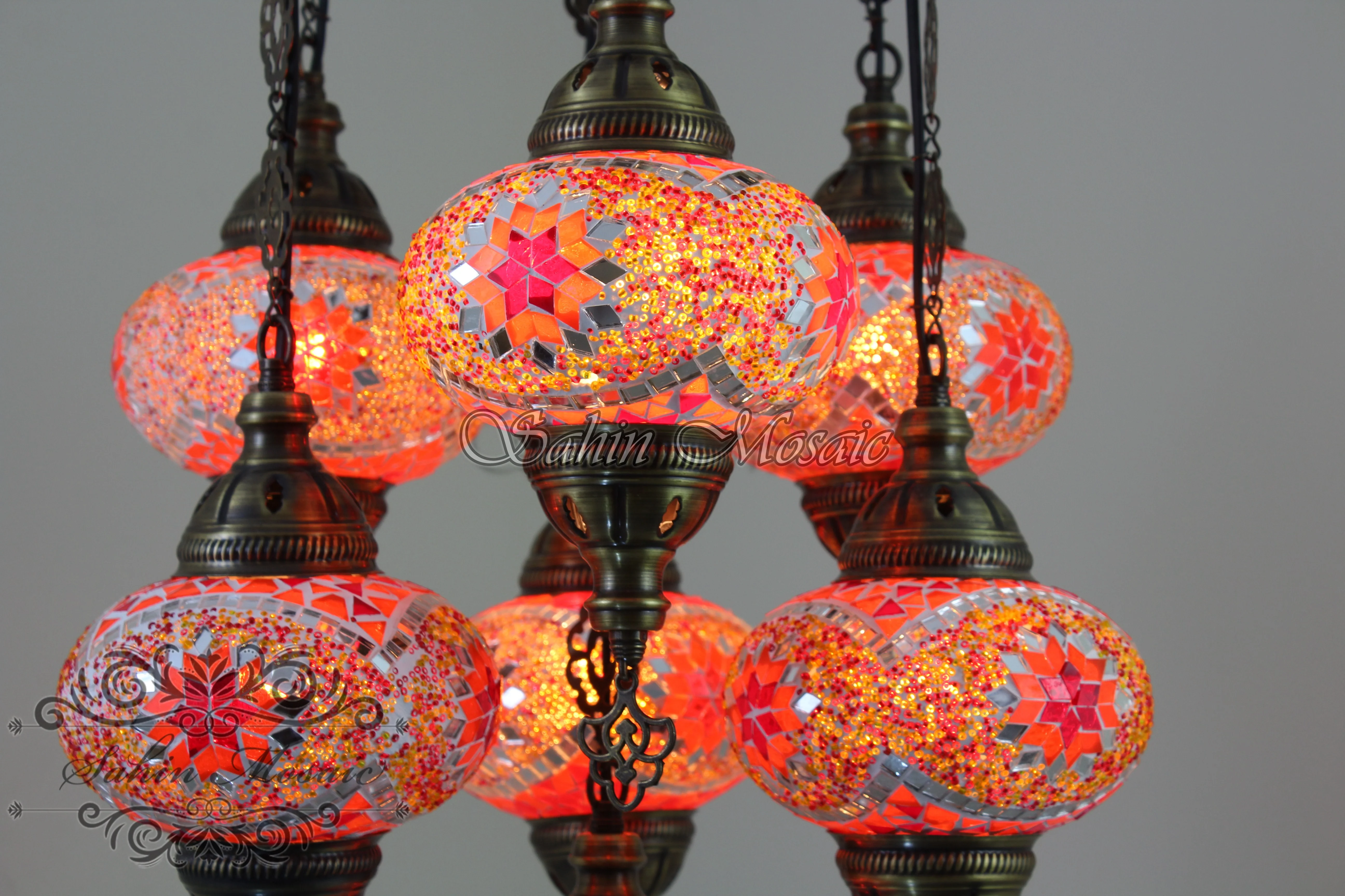 7 Ball Turkish Mosaic Chandelier - Handmade Sultan Design with Large Globes, ID: S7L-8 - Image 6