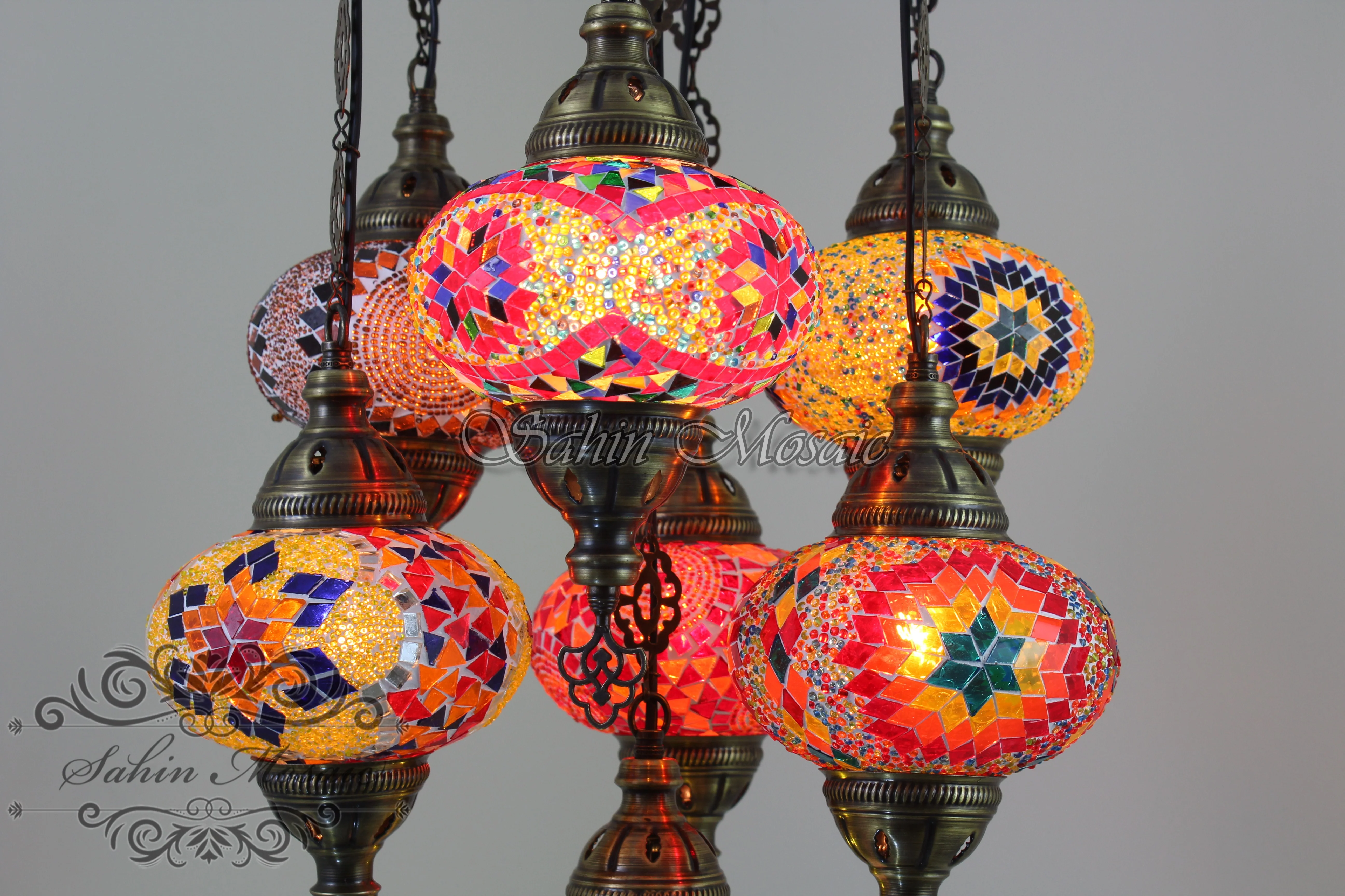 7 Ball Turkish Mosaic Chandelier - Handmade Sultan Design with Large Globes, ID: S7L-2