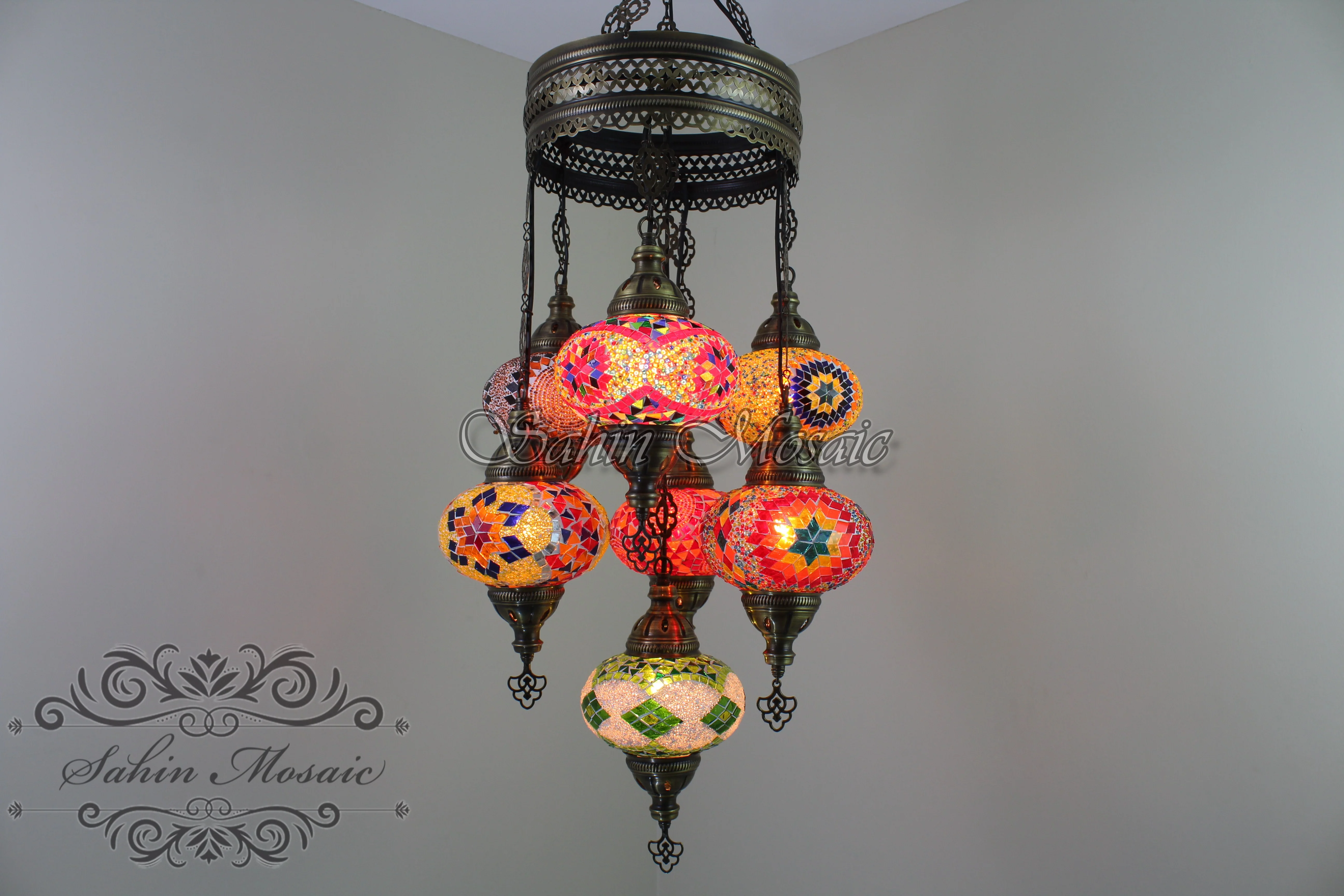 7 Ball Turkish Mosaic Chandelier - Handmade Sultan Design with Large Globes, ID: S7L-2 - Image 2