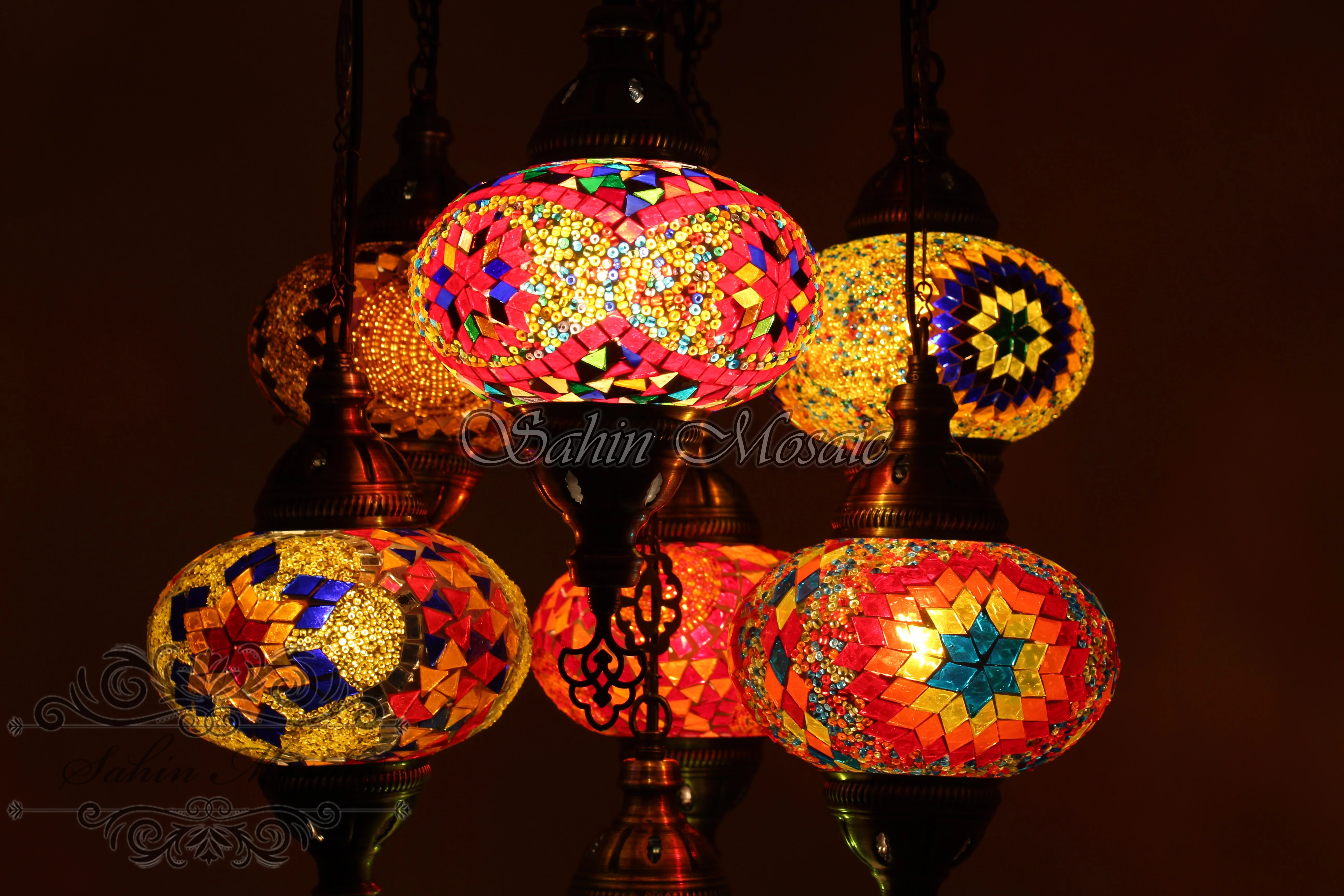 7 Ball Turkish Mosaic Chandelier - Handmade Sultan Design with Large Globes, ID: S7L-2 - Image 4