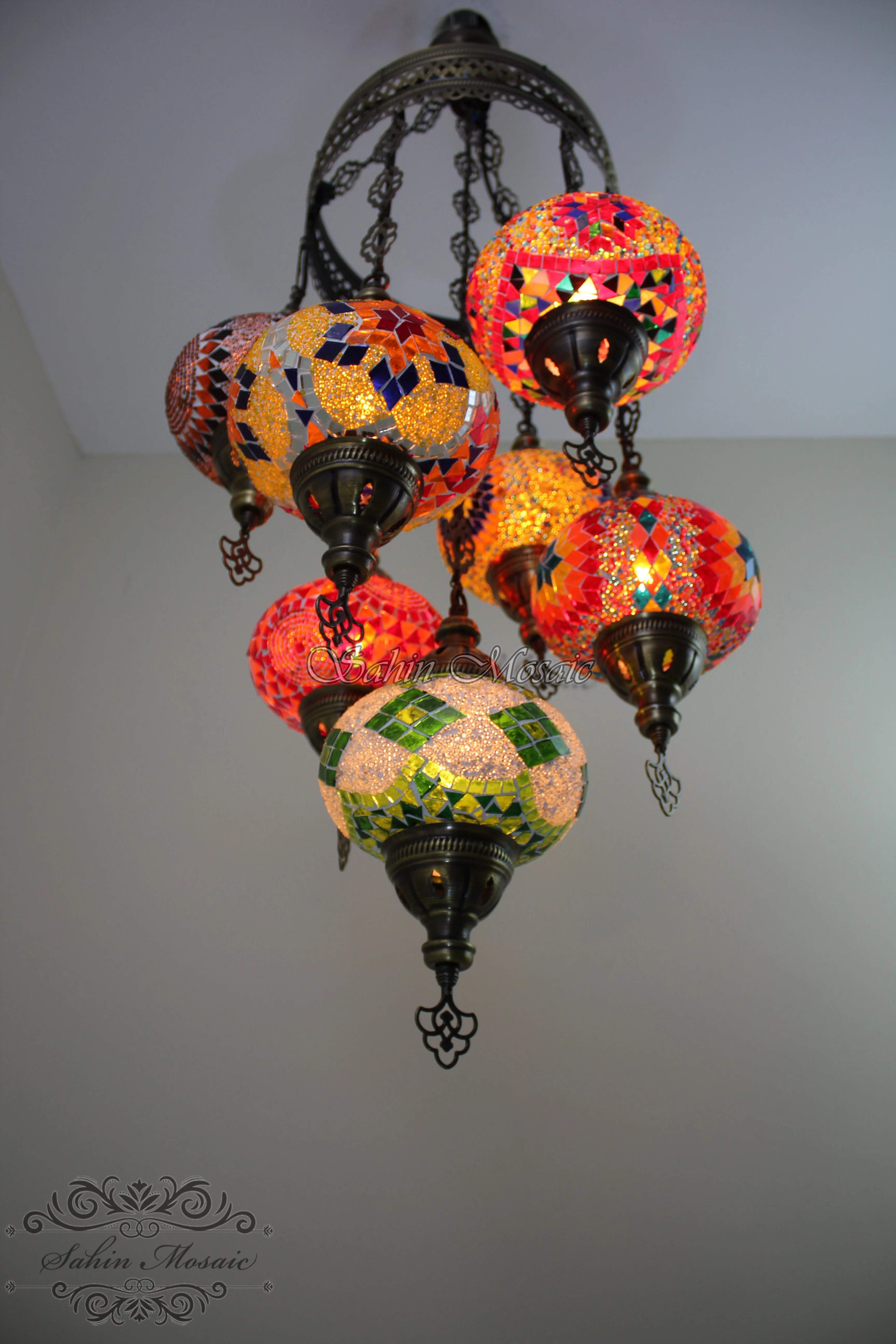 7 Ball Turkish Mosaic Chandelier - Handmade Sultan Design with Large Globes, ID: S7L-2 - Image 5