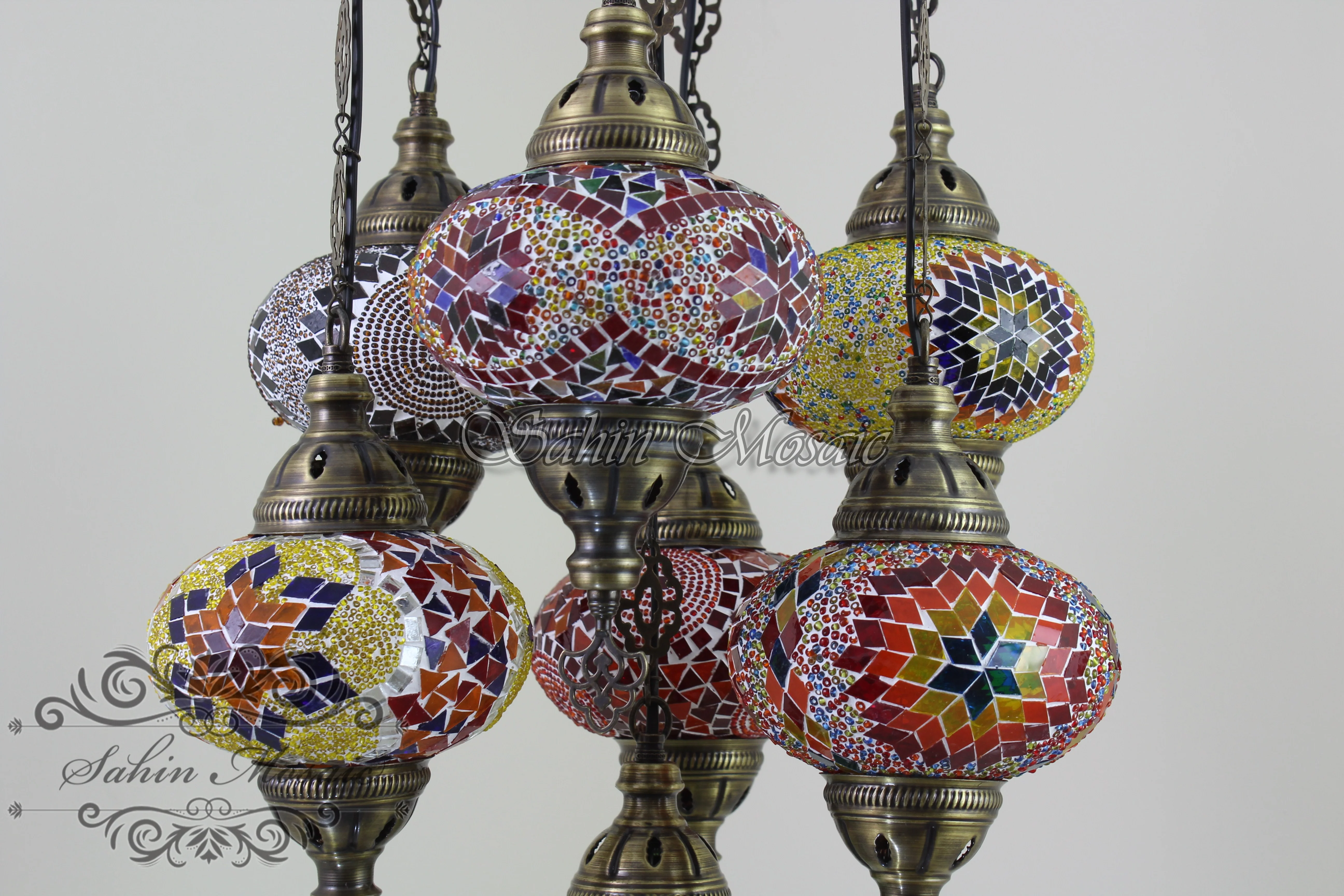 7 Ball Turkish Mosaic Chandelier - Handmade Sultan Design with Large Globes, ID: S7L-2 - Image 7