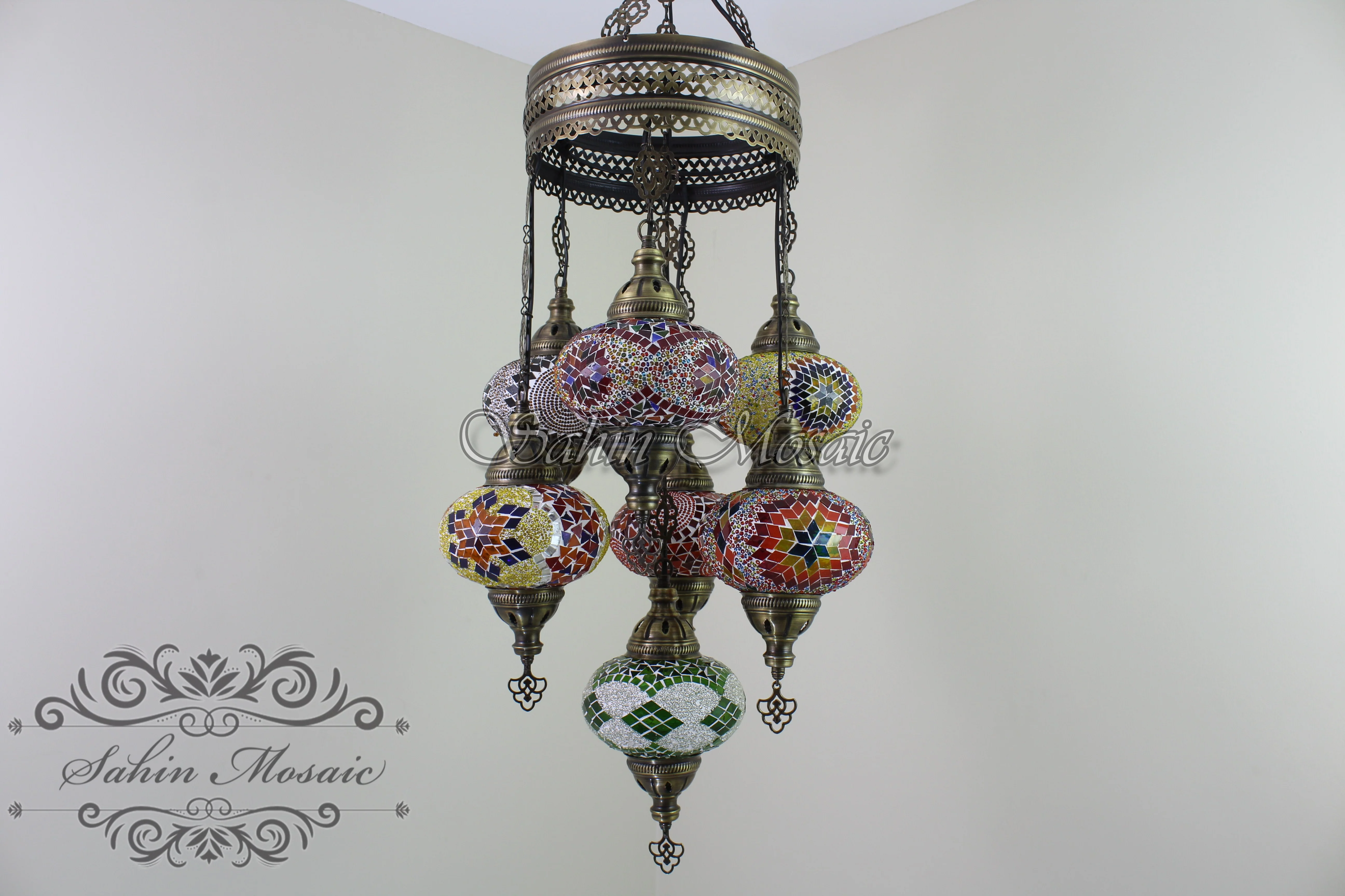 7 Ball Turkish Mosaic Chandelier - Handmade Sultan Design with Large Globes, ID: S7L-2 - Image 8