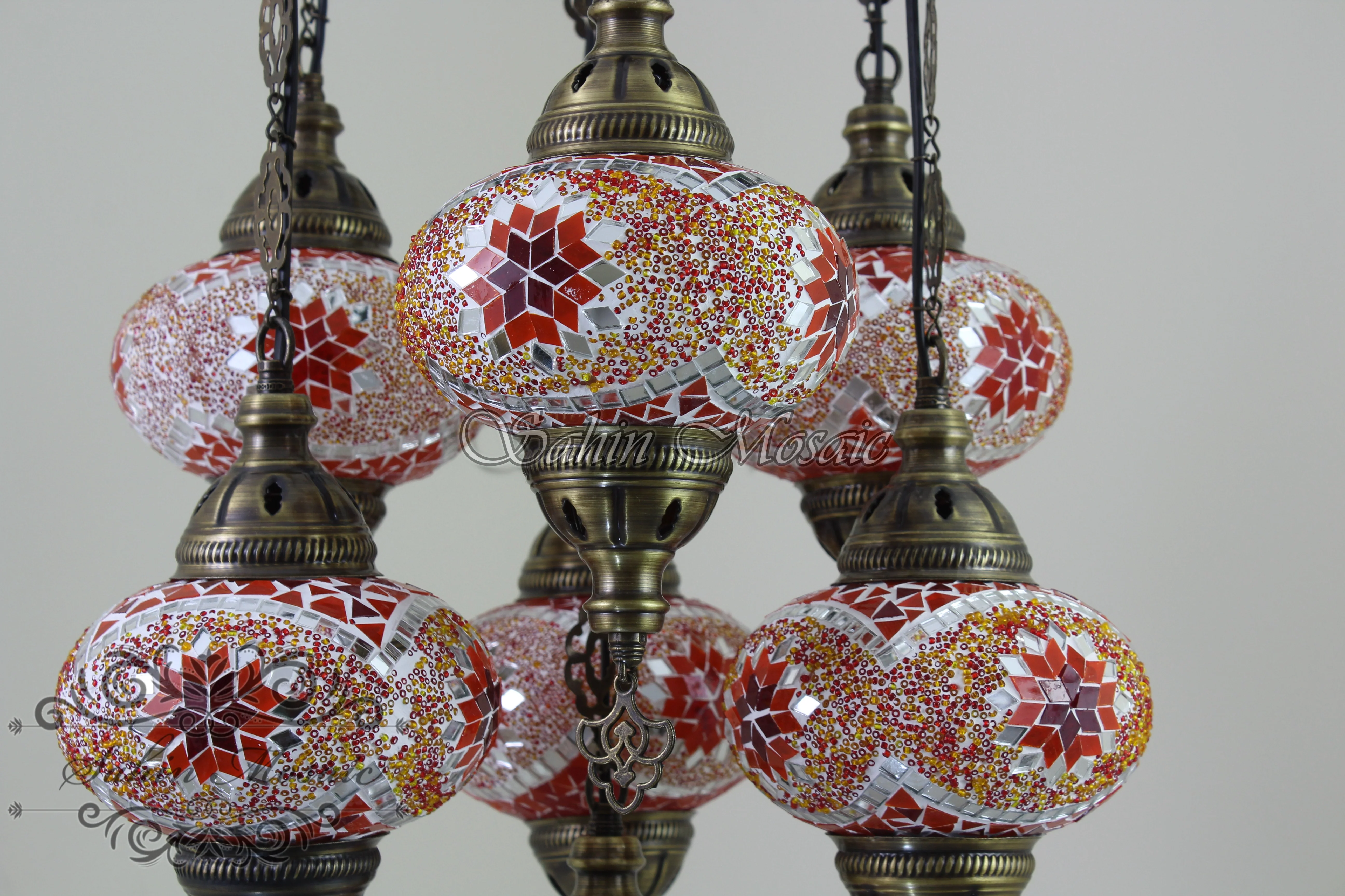 7 Ball Turkish Mosaic Chandelier - Handmade Sultan Design with Large Globes, ID: S7L-8 - Image 7