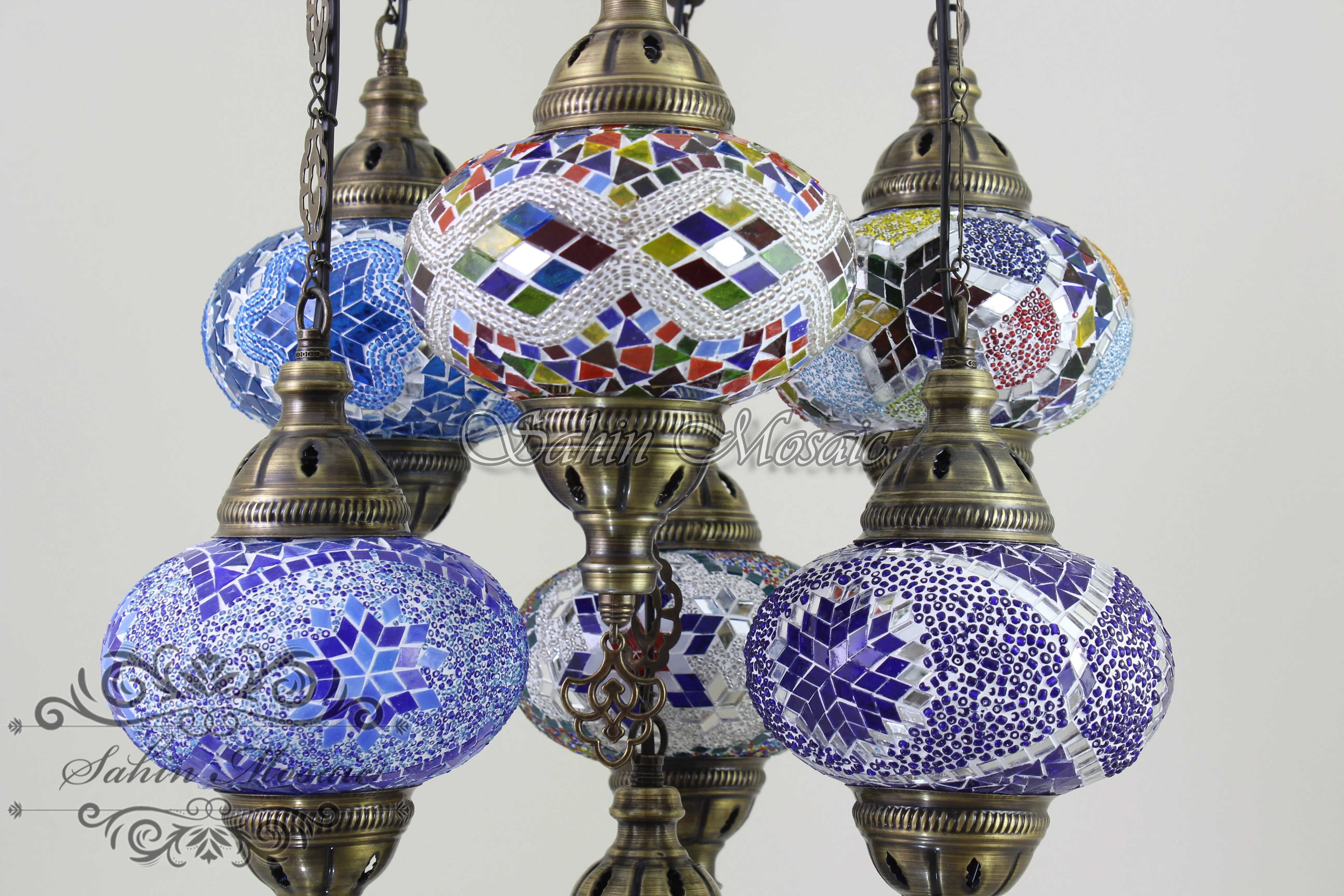 7 Ball Turkish Mosaic Chandelier - Handmade Sultan Design with Large Globes, ID: S7L-1 - Image 6