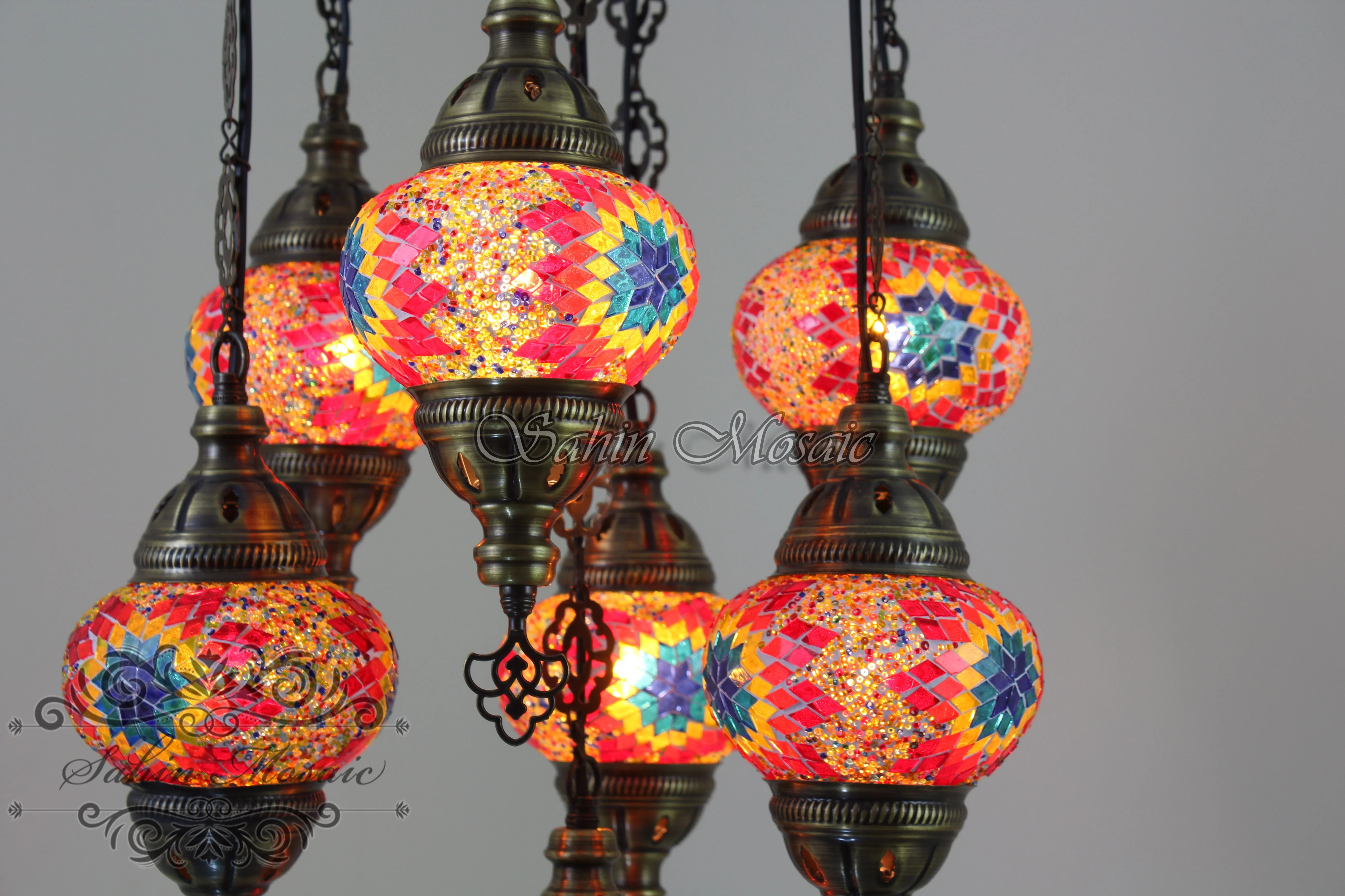 7 Ball Turkish Mosaic Chandelier - Handmade Sultan Design with Medium Globes, ID: S7M-7