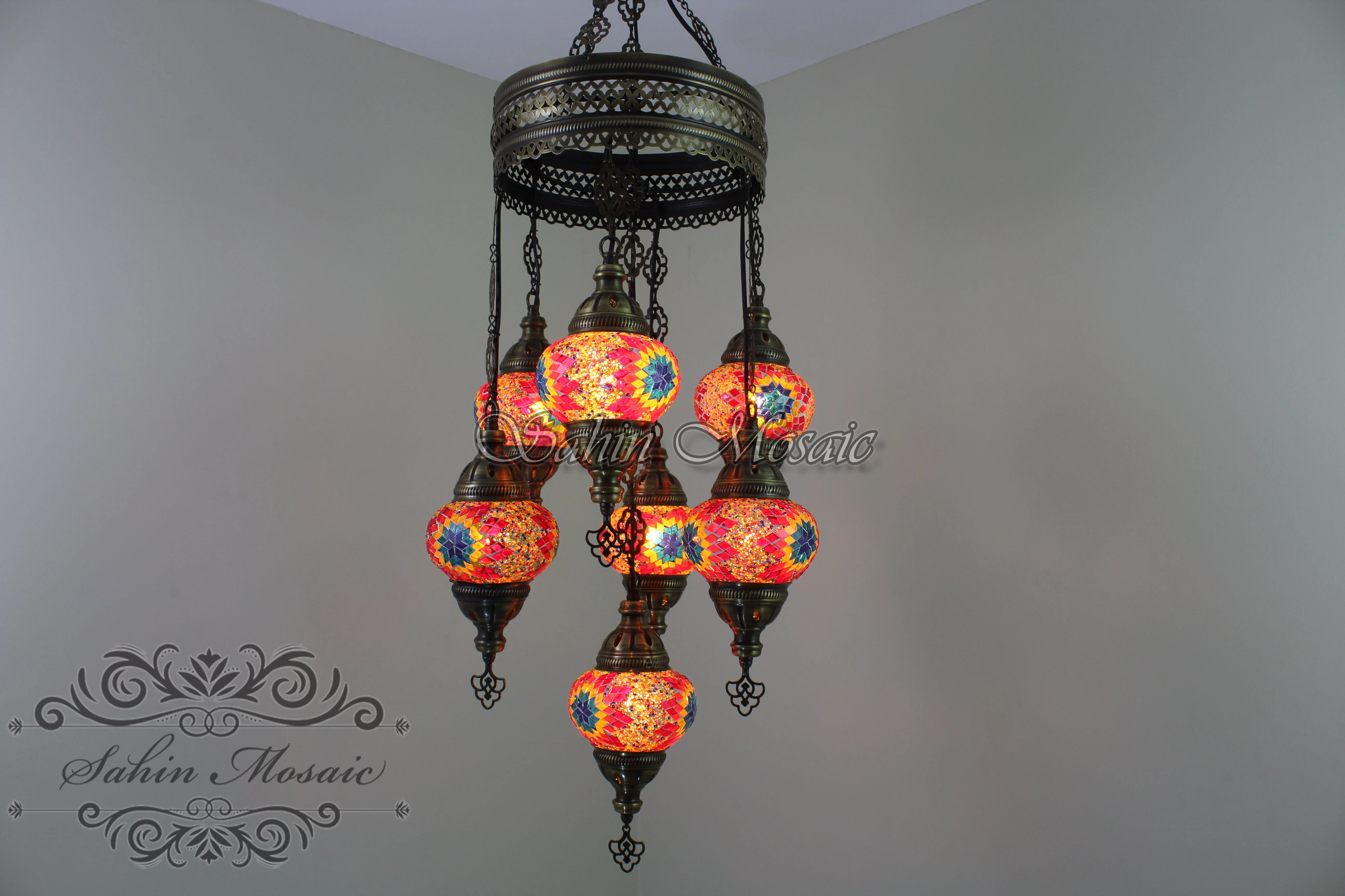7 Ball Turkish Mosaic Chandelier - Handmade Sultan Design with Medium Globes, ID: S7M-7 - Image 2