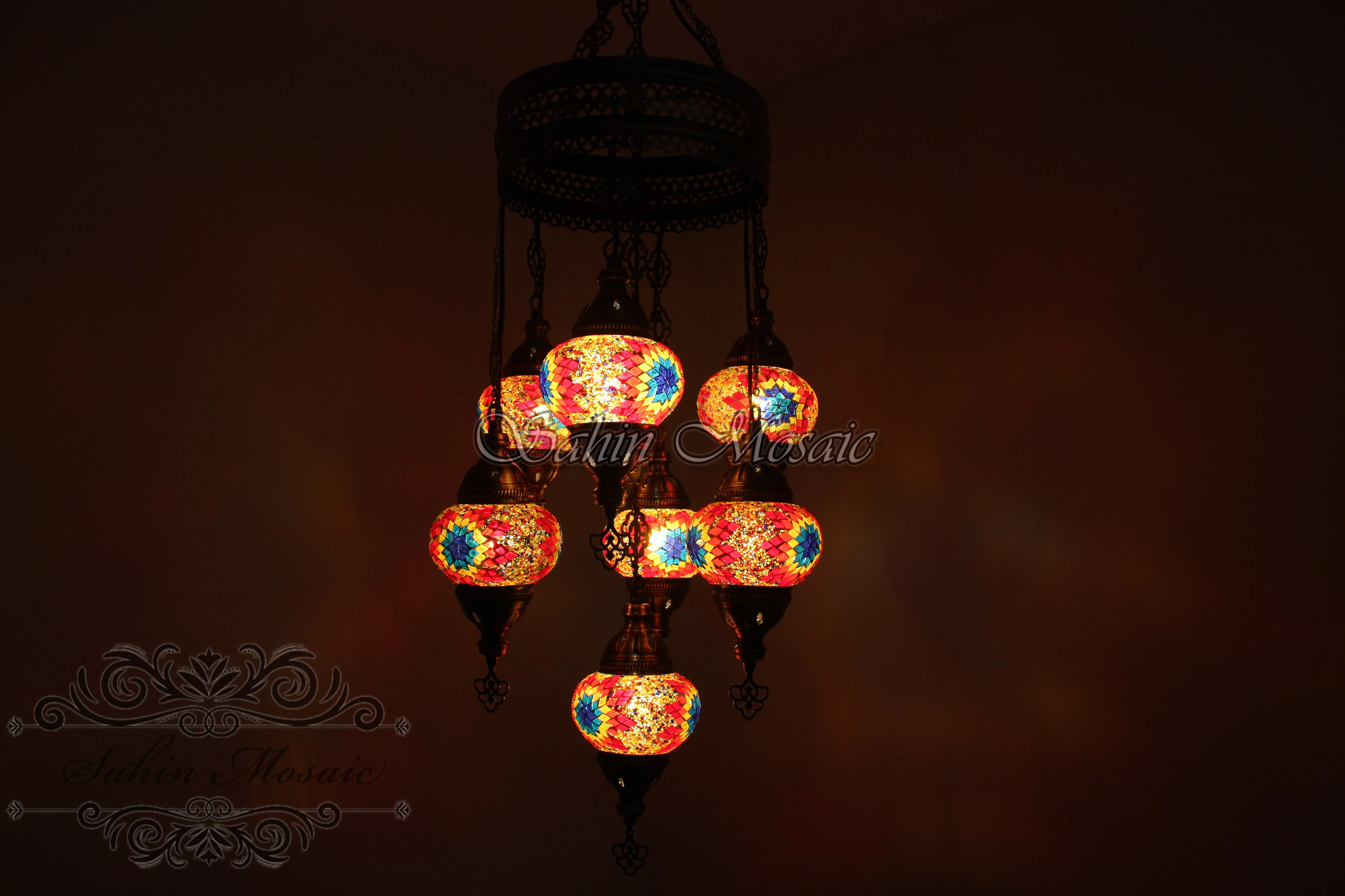 7 Ball Turkish Mosaic Chandelier - Handmade Sultan Design with Medium Globes, ID: S7M-7 - Image 3