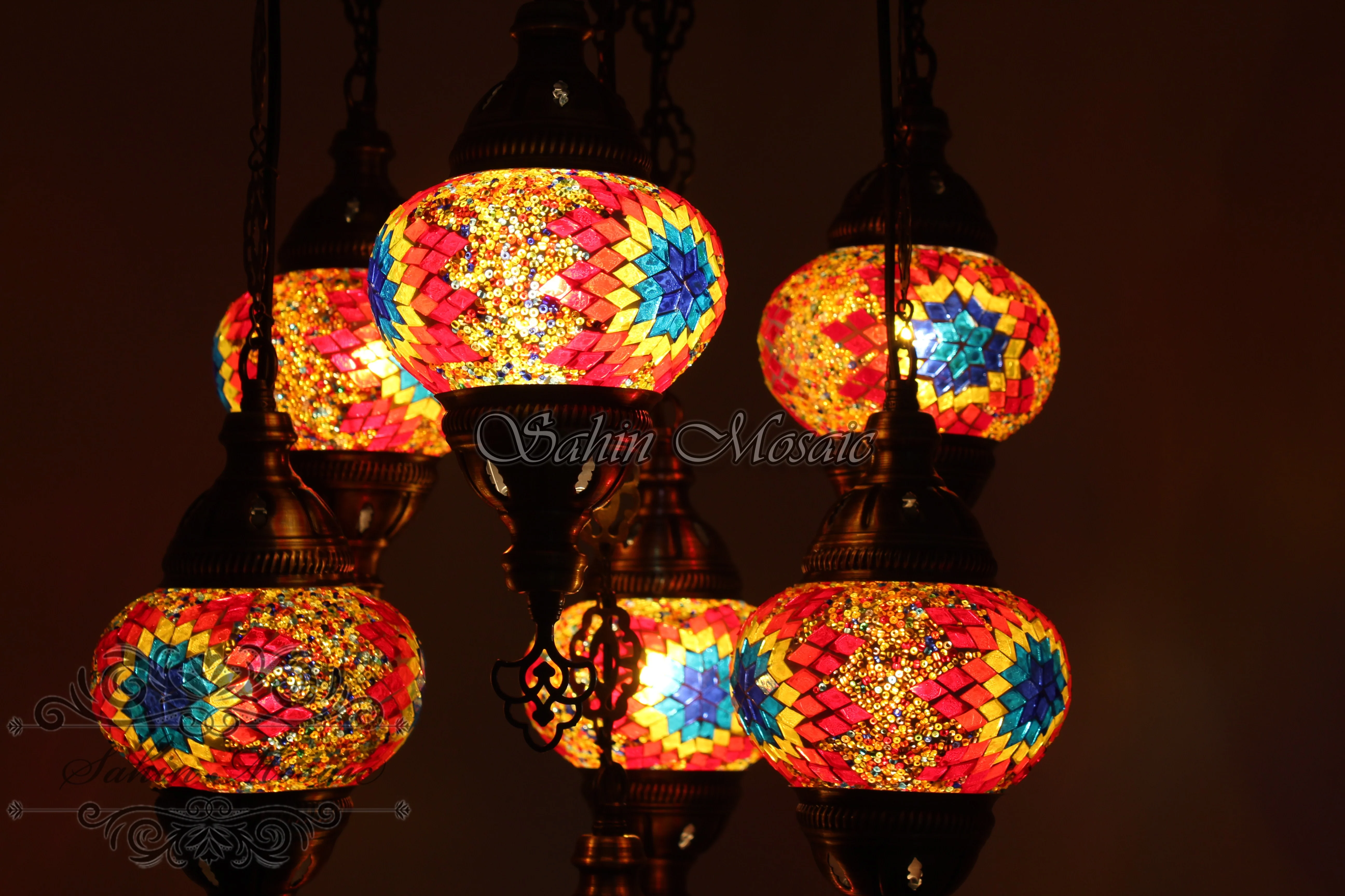 7 Ball Turkish Mosaic Chandelier - Handmade Sultan Design with Medium Globes, ID: S7M-7 - Image 4