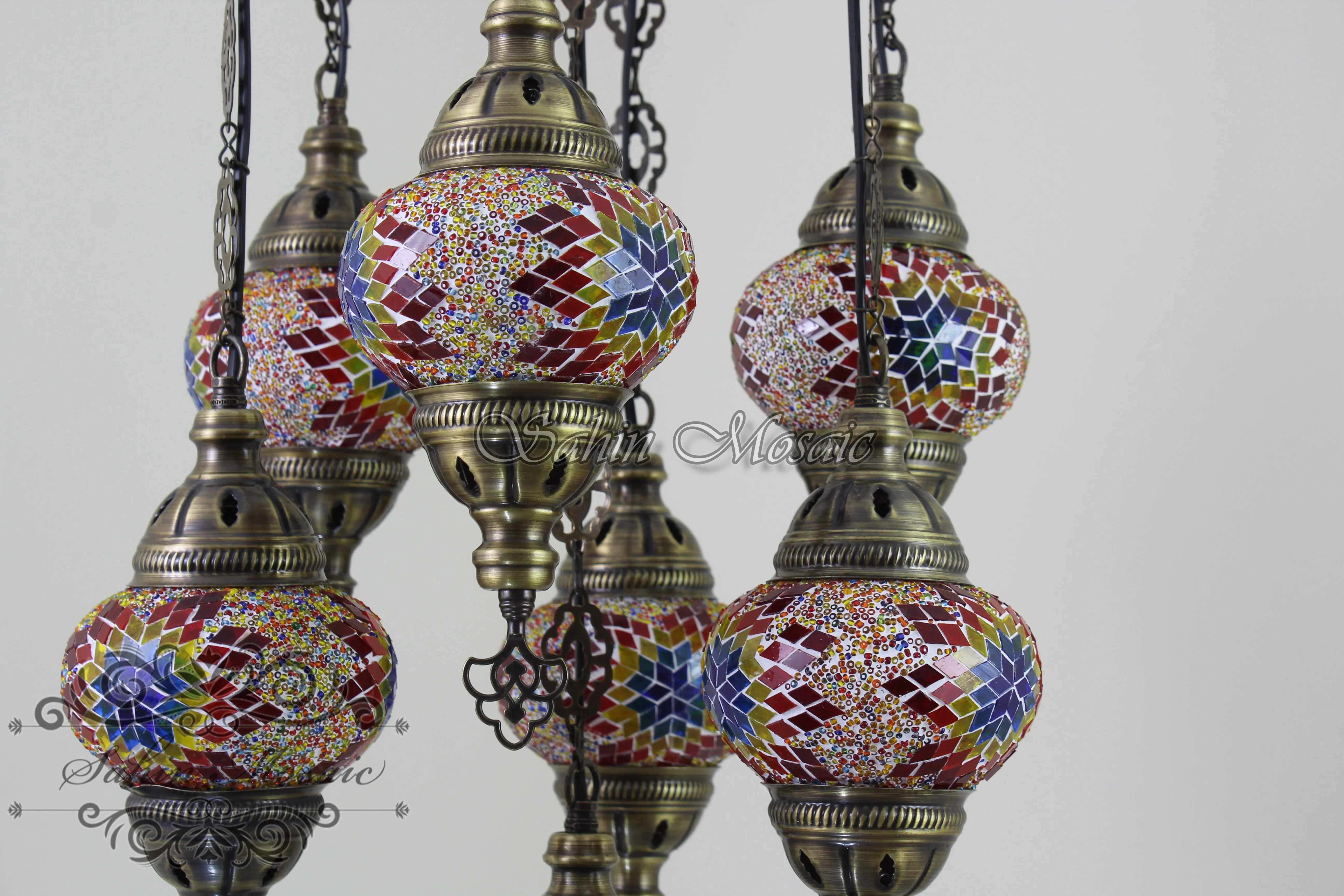 7 Ball Turkish Mosaic Chandelier - Handmade Sultan Design with Medium Globes, ID: S7M-7 - Image 5