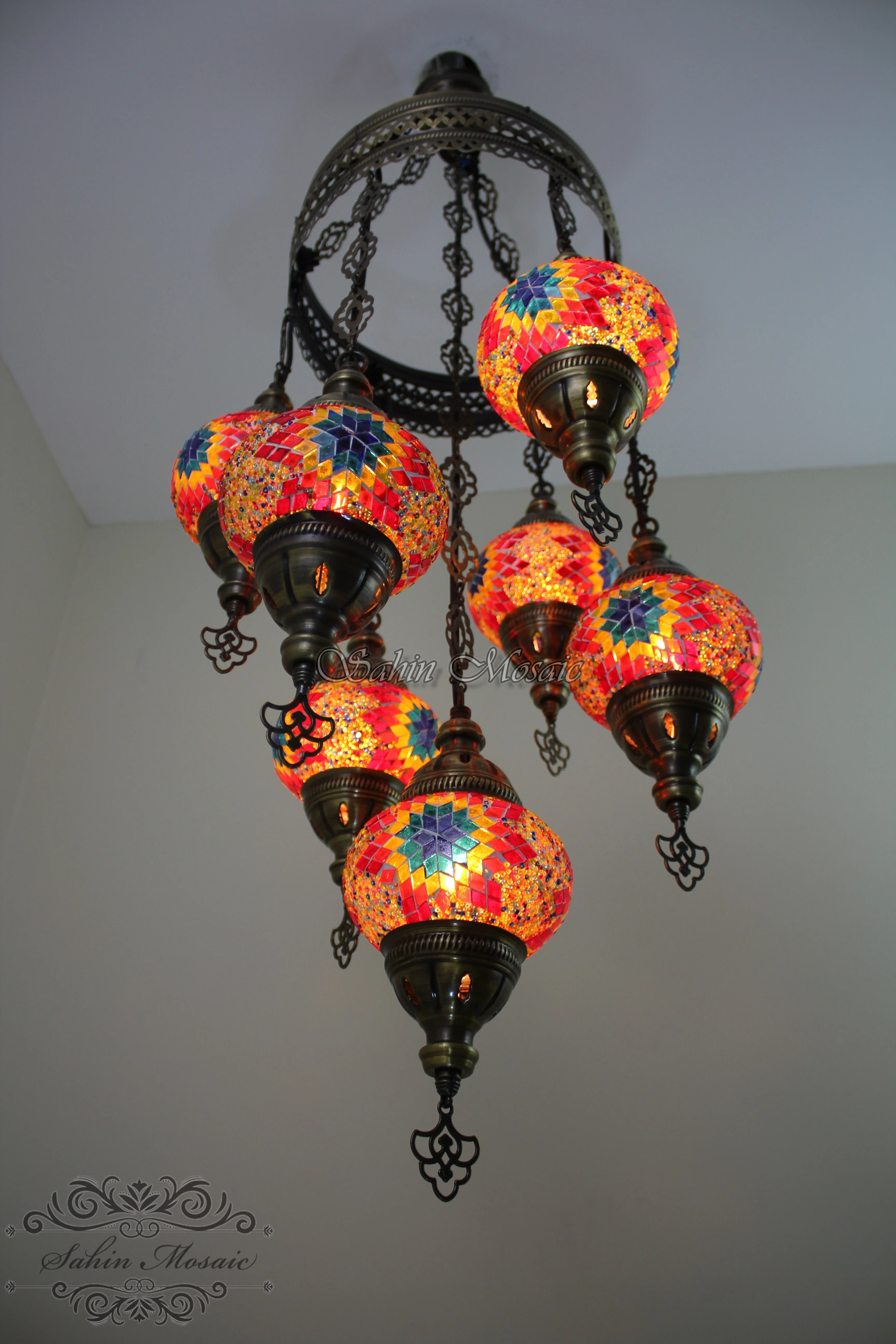 7 Ball Turkish Mosaic Chandelier - Handmade Sultan Design with Medium Globes, ID: S7M-7 - Image 6