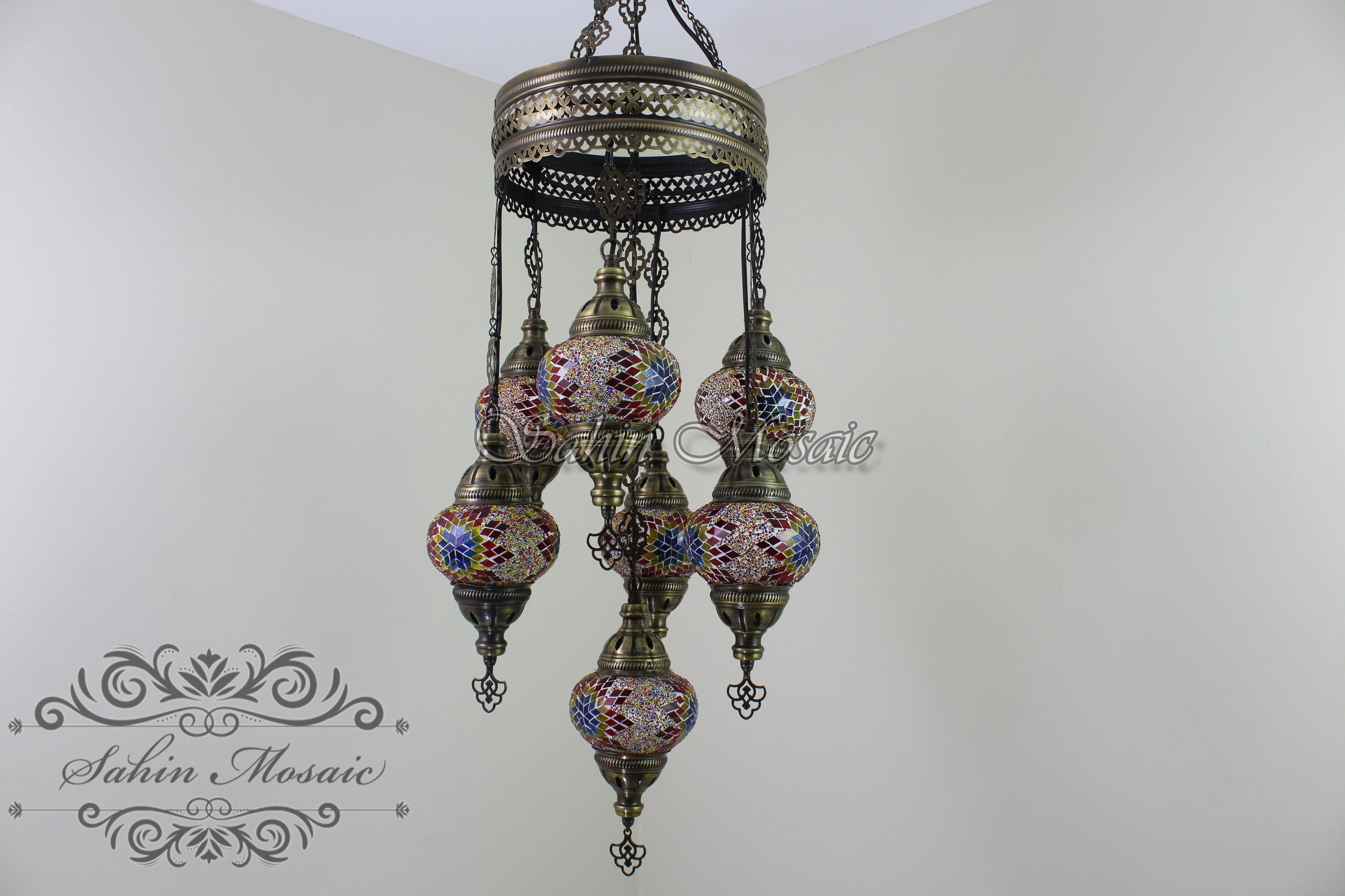 7 Ball Turkish Mosaic Chandelier - Handmade Sultan Design with Medium Globes, ID: S7M-7 - Image 7