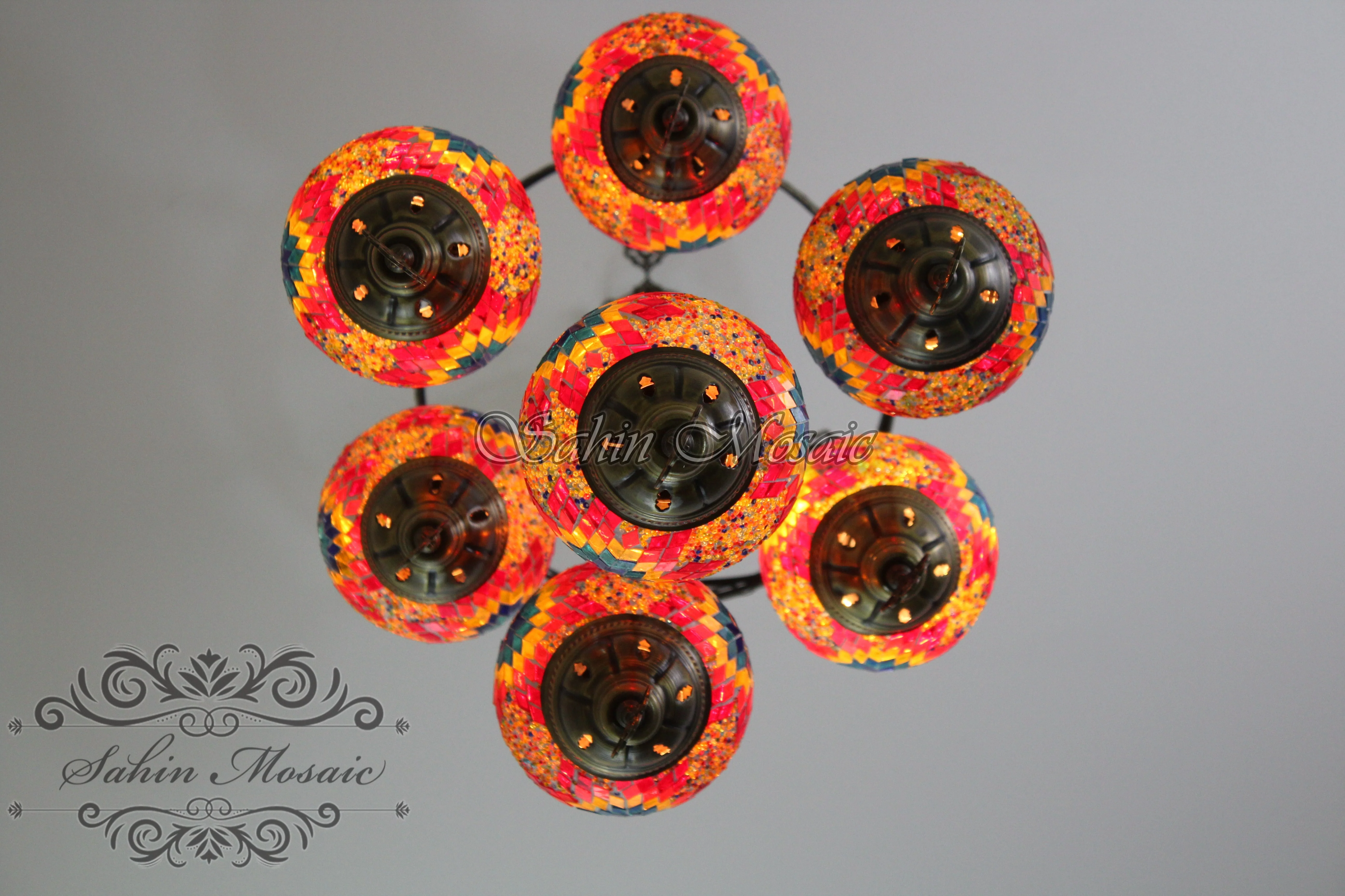 7 Ball Turkish Mosaic Chandelier - Handmade Sultan Design with Medium Globes, ID: S7M-7 - Image 8