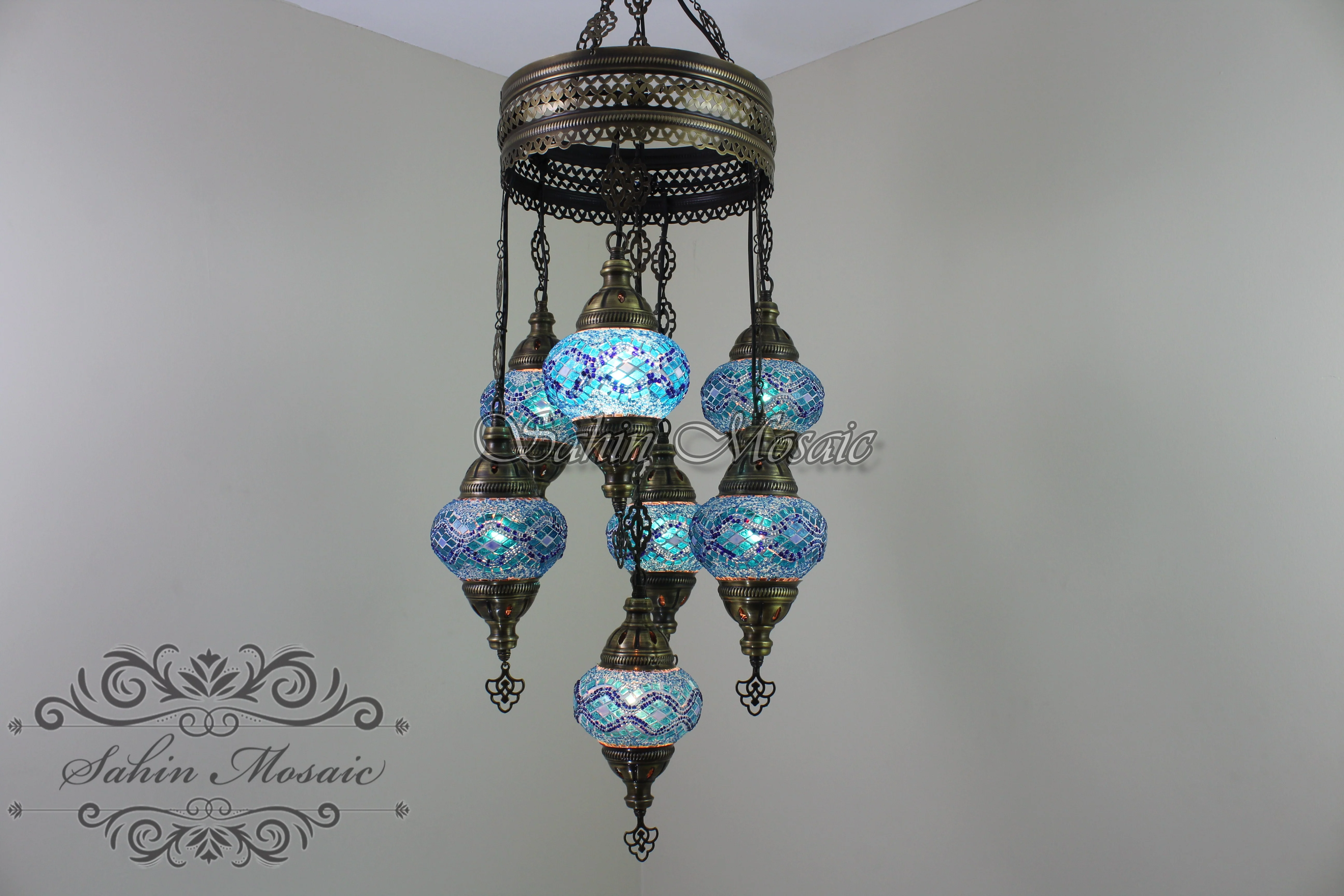 7 Ball Turkish Mosaic Chandelier - Handmade Sultan Design with Medium Globes, ID: S7M-6 - Image 3