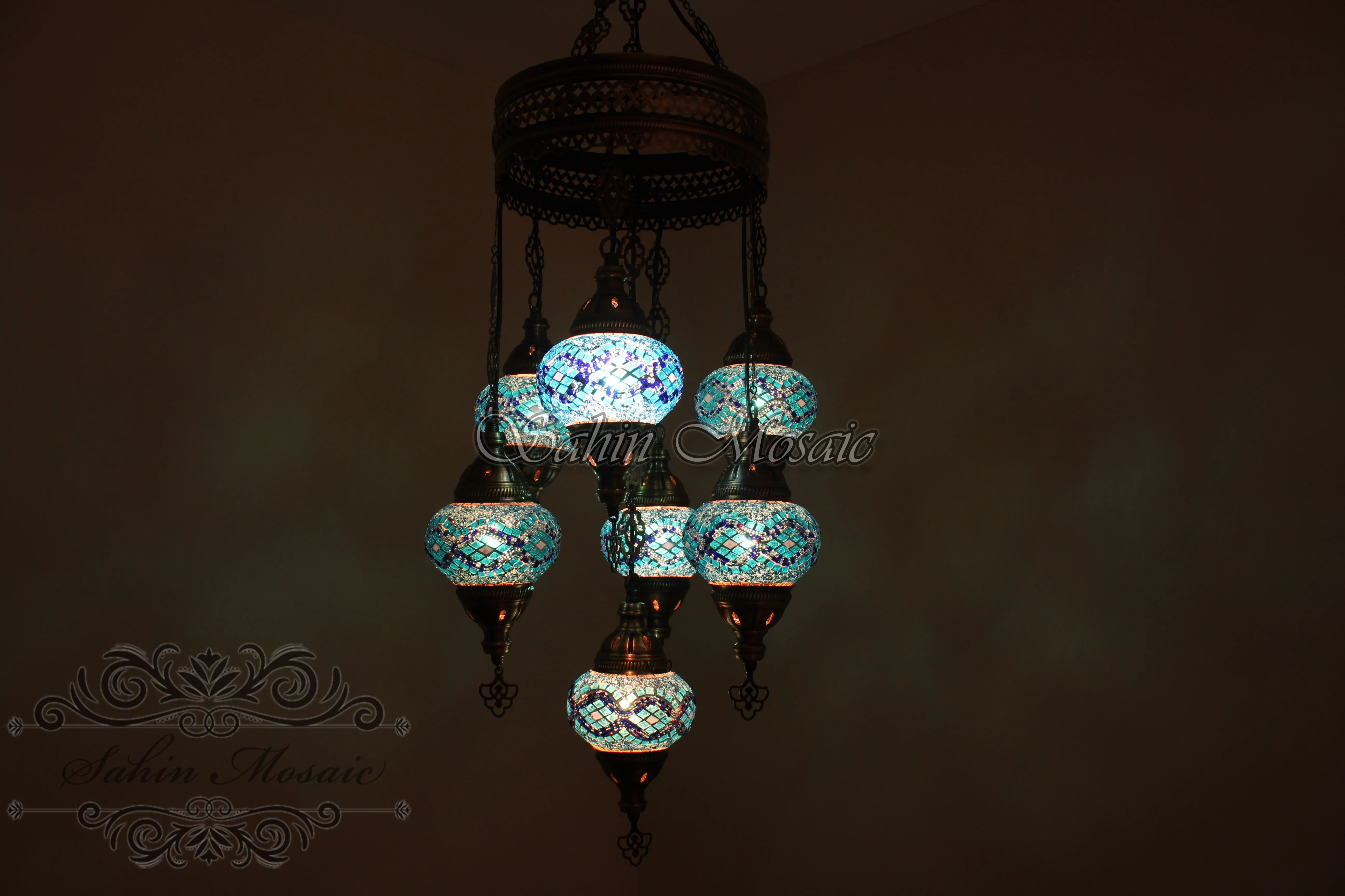 7 Ball Turkish Mosaic Chandelier - Handmade Sultan Design with Medium Globes, ID: S7M-6 - Image 4