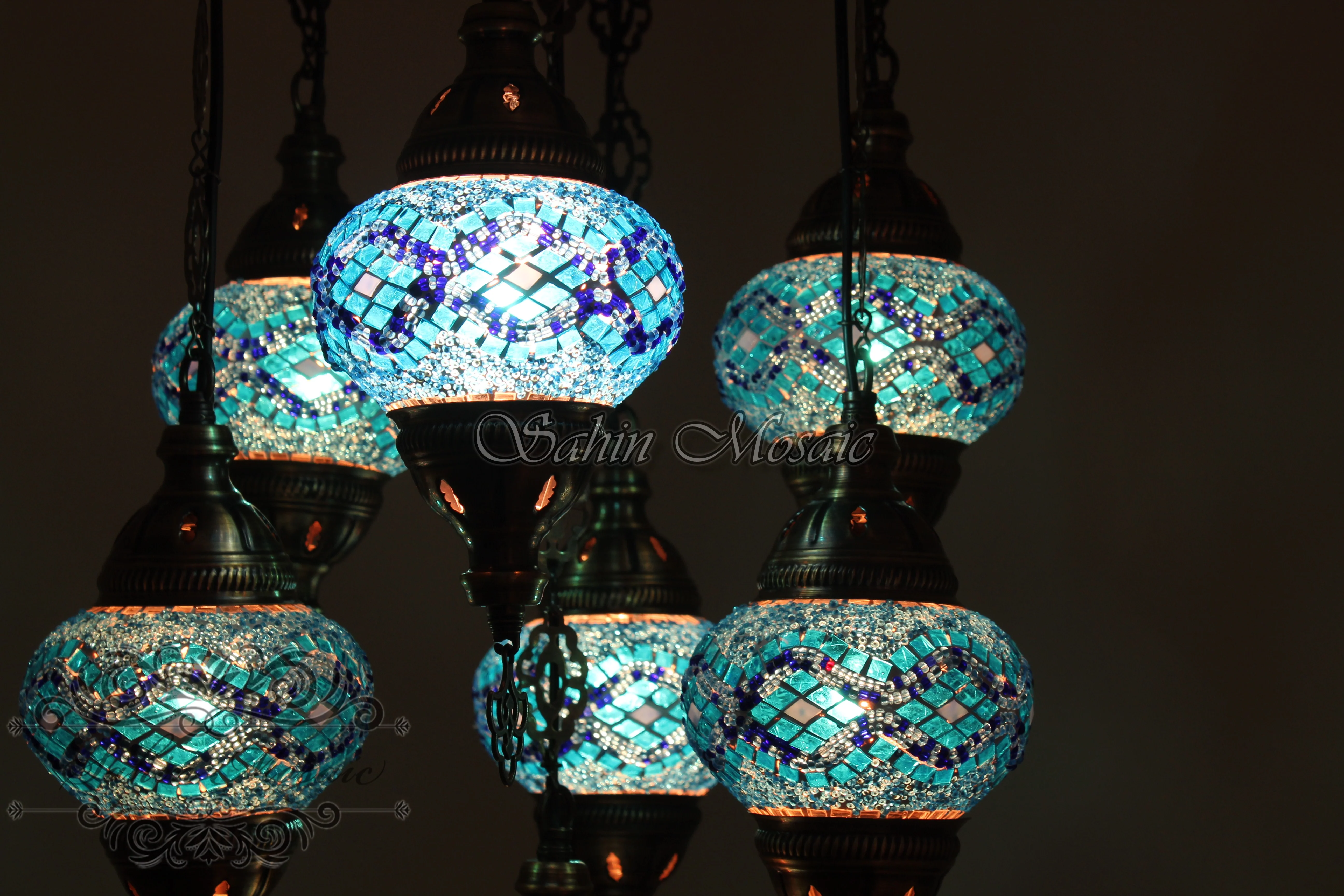 7 Ball Turkish Mosaic Chandelier - Handmade Sultan Design with Medium Globes, ID: S7M-6 - Image 5