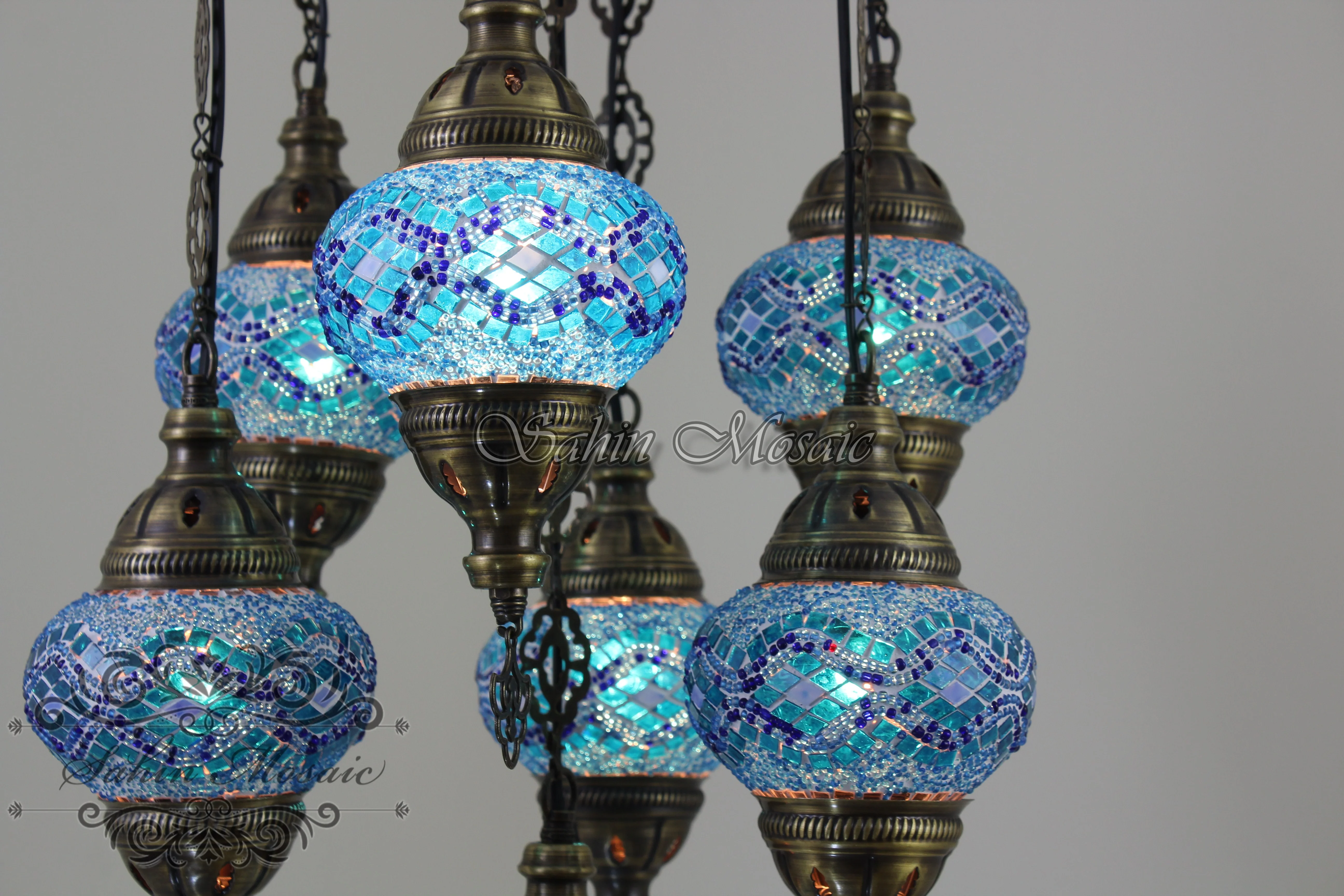 7 Ball Turkish Mosaic Chandelier - Handmade Sultan Design with Medium Globes, ID: S7M-6 - Image 6