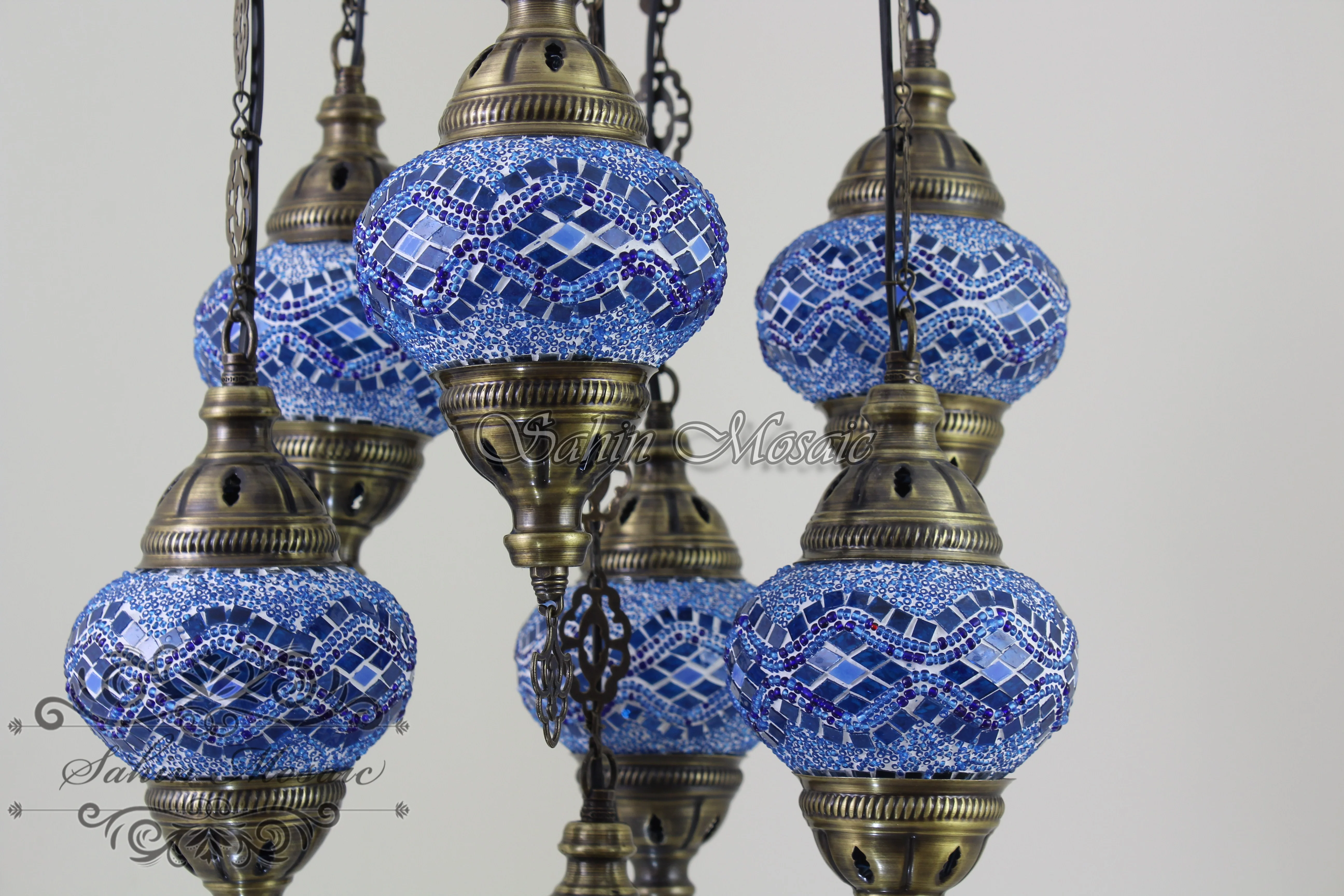 7 Ball Turkish Mosaic Chandelier - Handmade Sultan Design with Medium Globes, ID: S7M-6 - Image 7