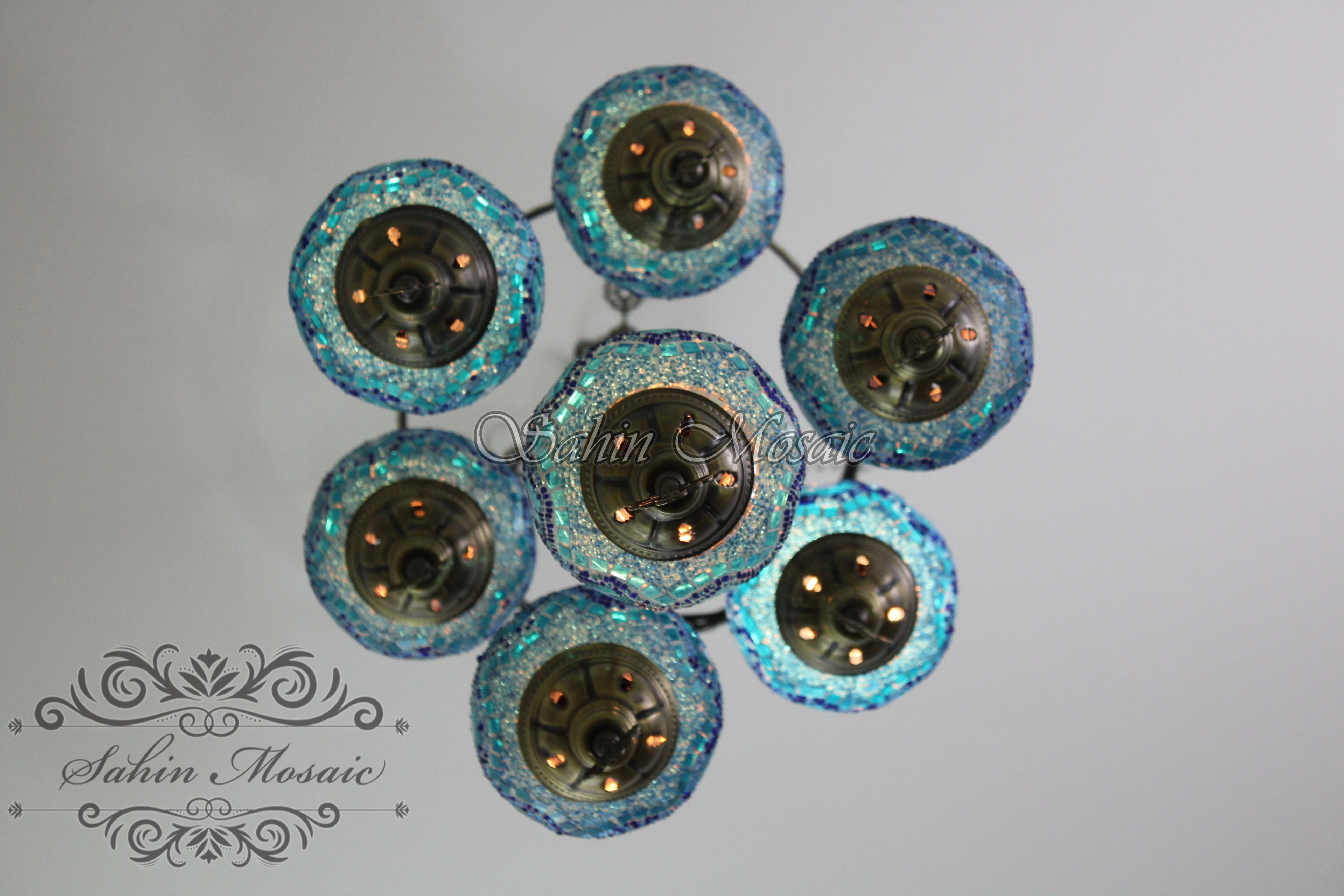 7 Ball Turkish Mosaic Chandelier - Handmade Sultan Design with Medium Globes, ID: S7M-6 - Image 8