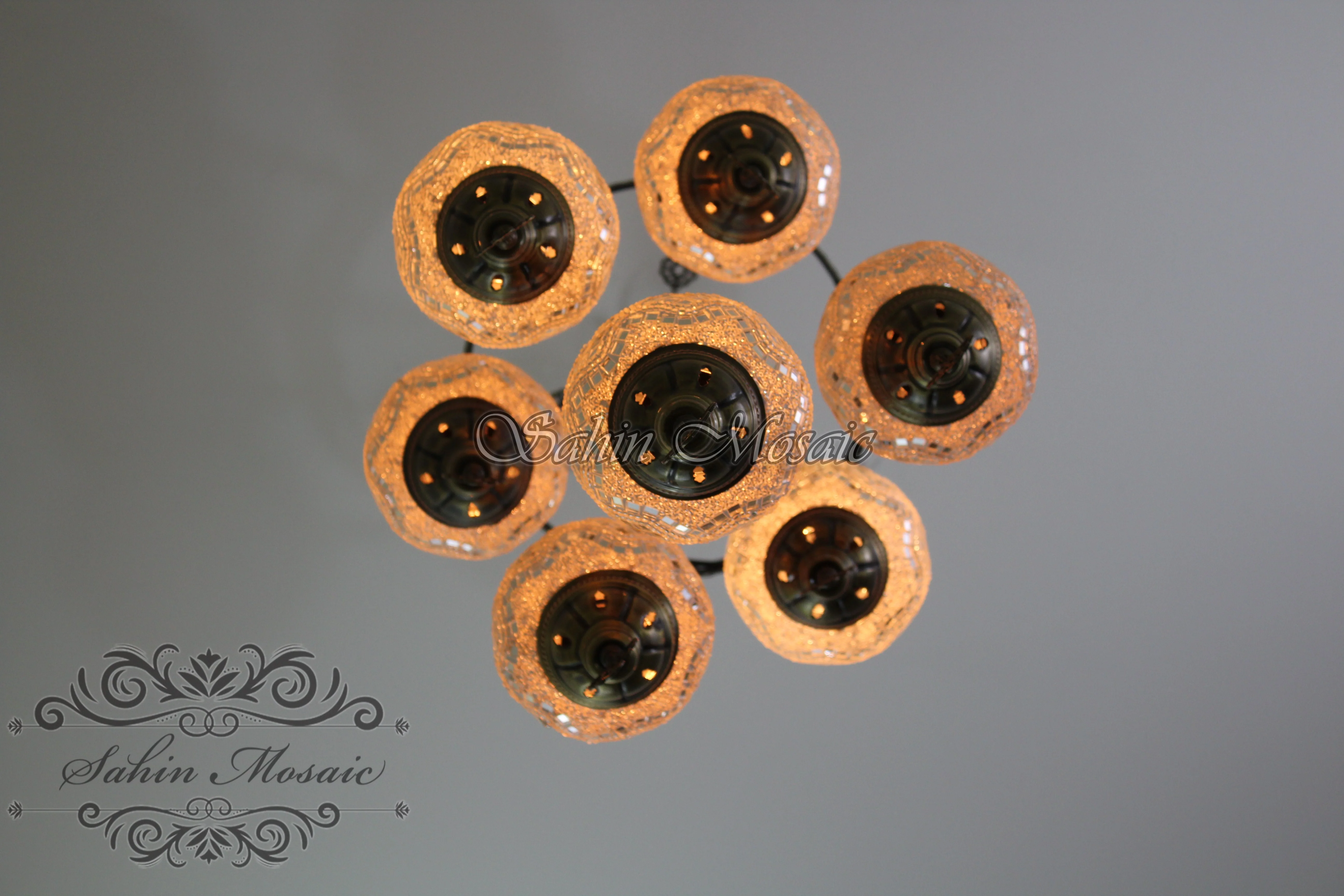7 Ball Turkish Mosaic Chandelier - Handmade Sultan Design with Medium Globes, ID: S7M-5 - Image 8