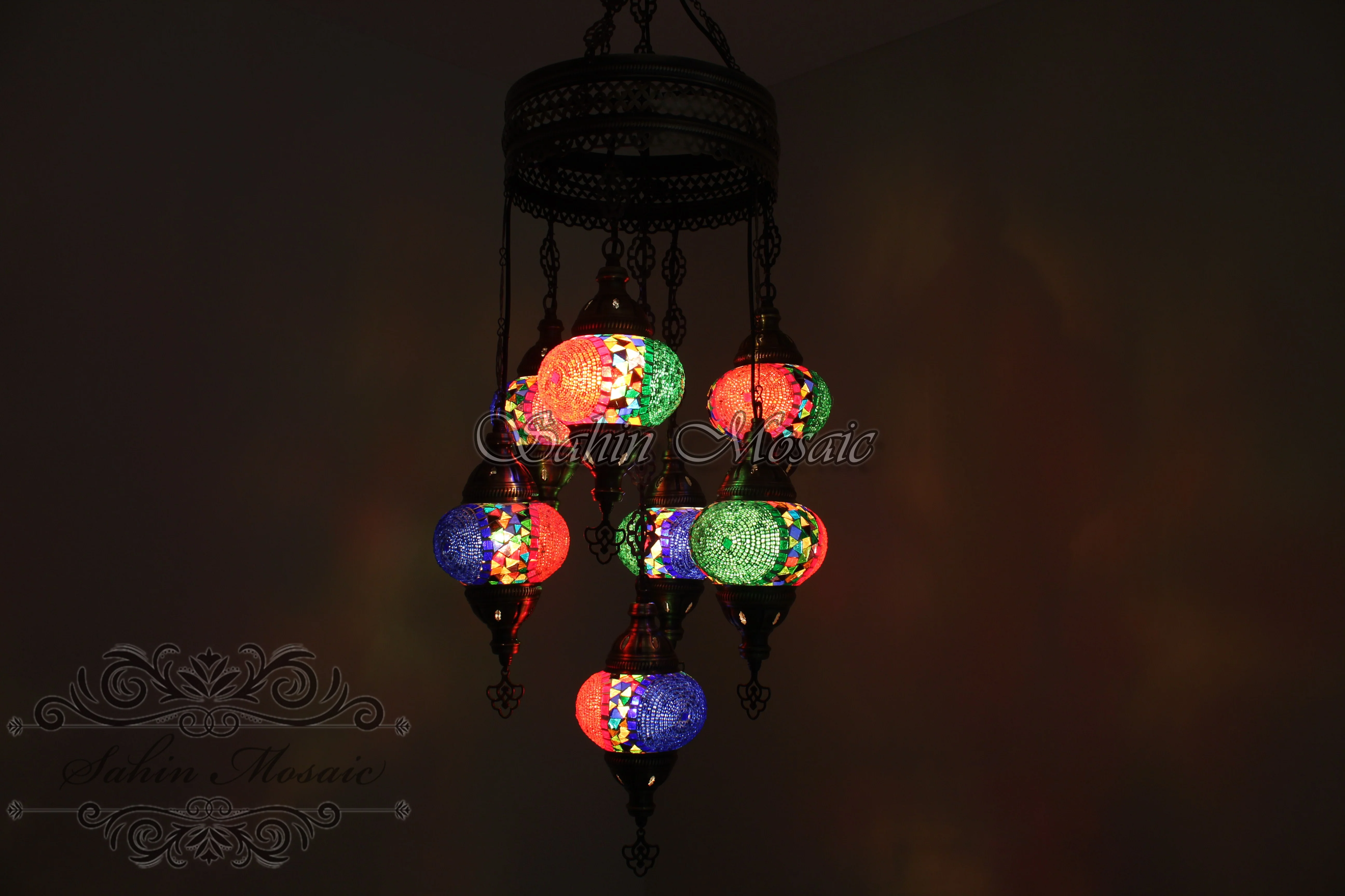 7 Ball Turkish Mosaic Chandelier - Handmade Sultan Design with Medium Globes, ID: S7M-3 - Image 3
