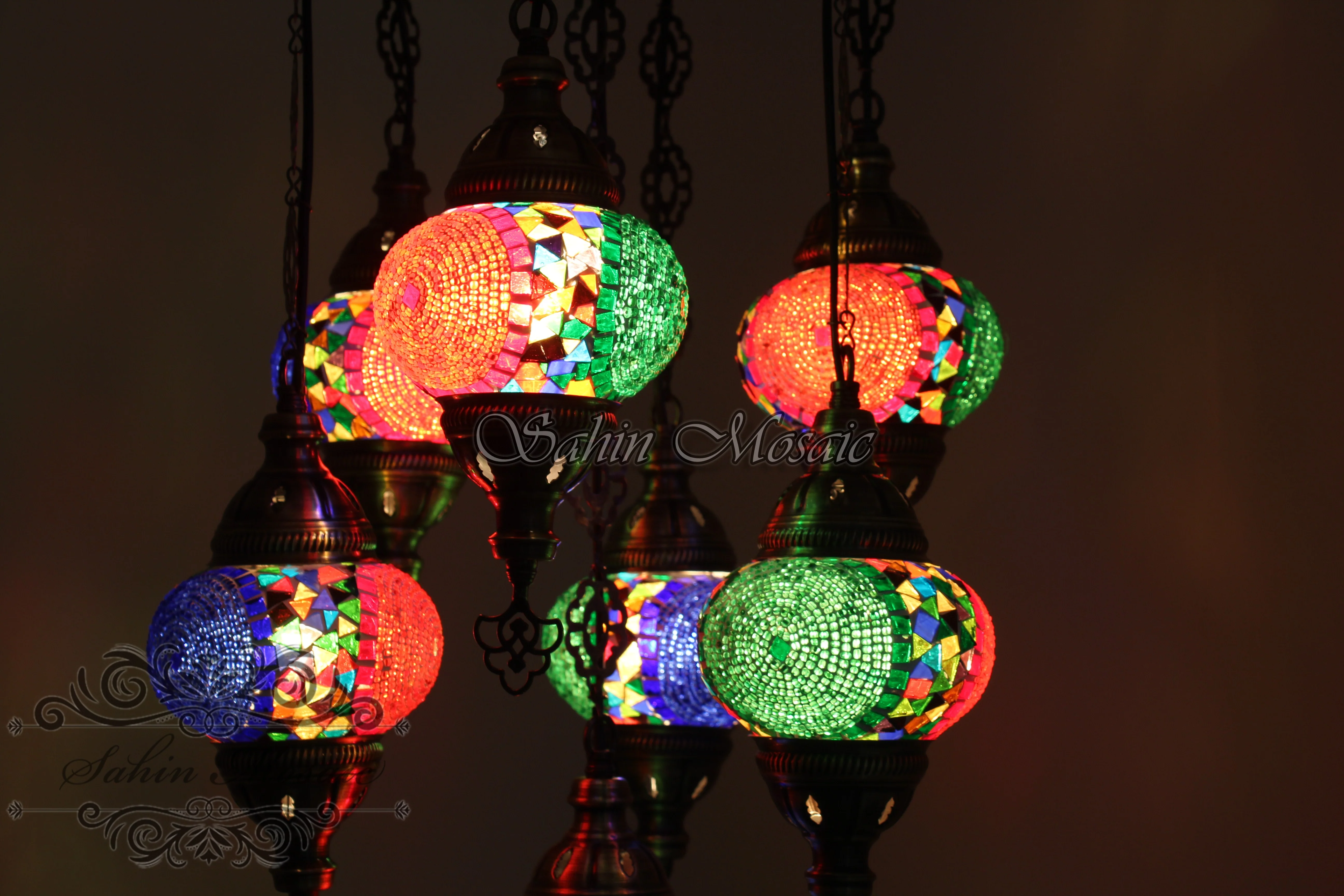 7 Ball Turkish Mosaic Chandelier - Handmade Sultan Design with Medium Globes, ID: S7M-3 - Image 4