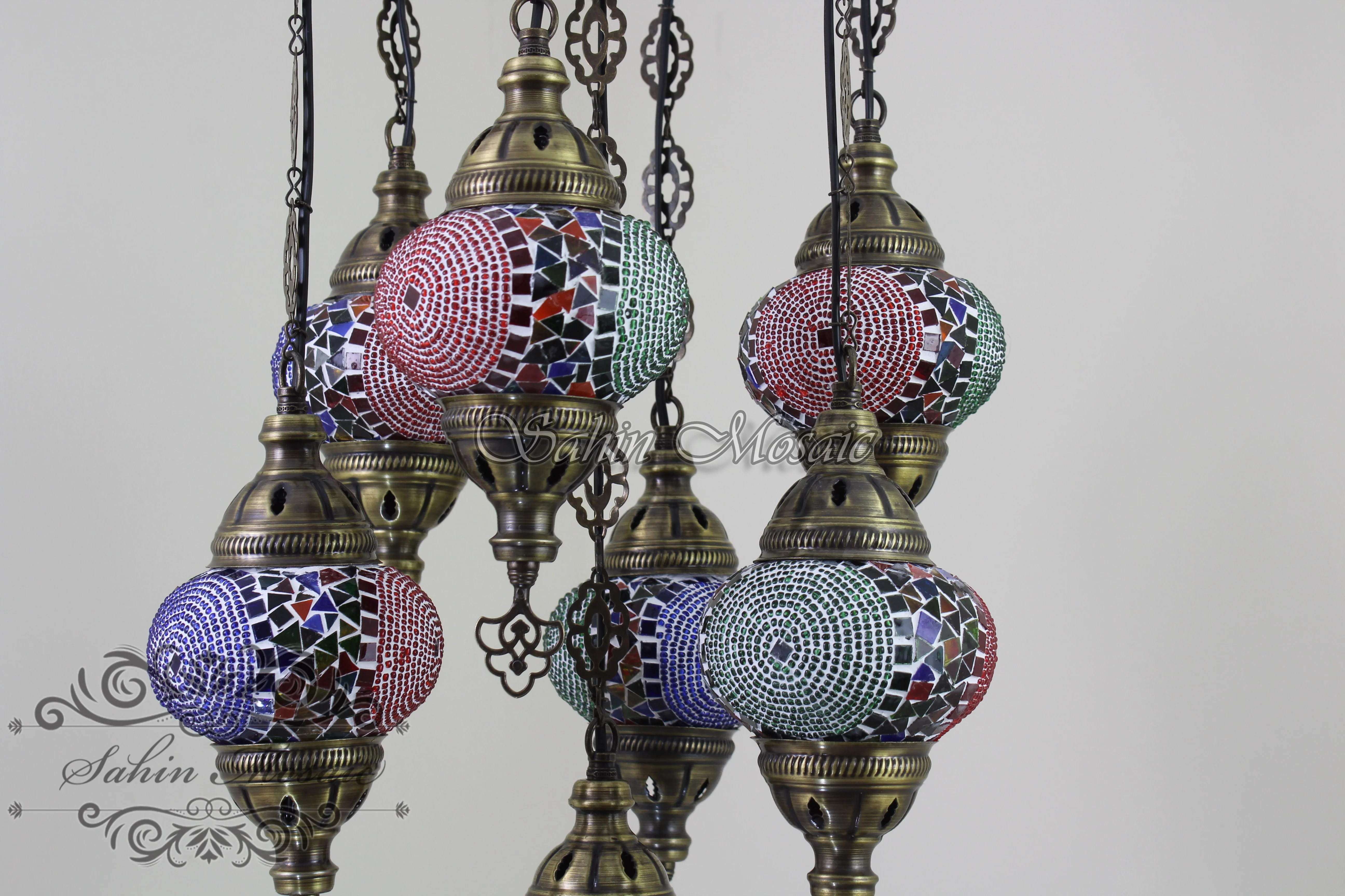 7 Ball Turkish Mosaic Chandelier - Handmade Sultan Design with Medium Globes, ID: S7M-3 - Image 5