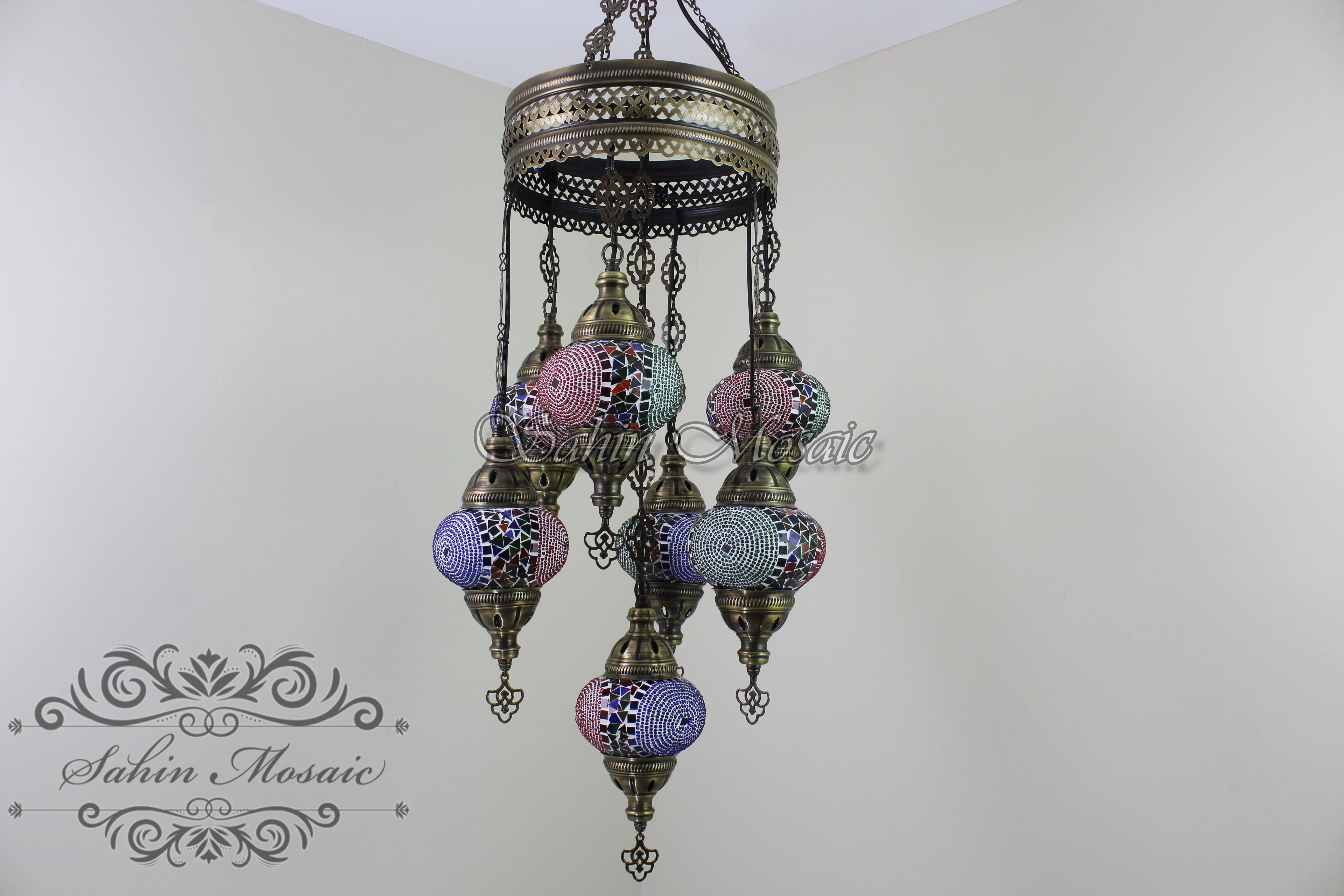 7 Ball Turkish Mosaic Chandelier - Handmade Sultan Design with Medium Globes, ID: S7M-3 - Image 6