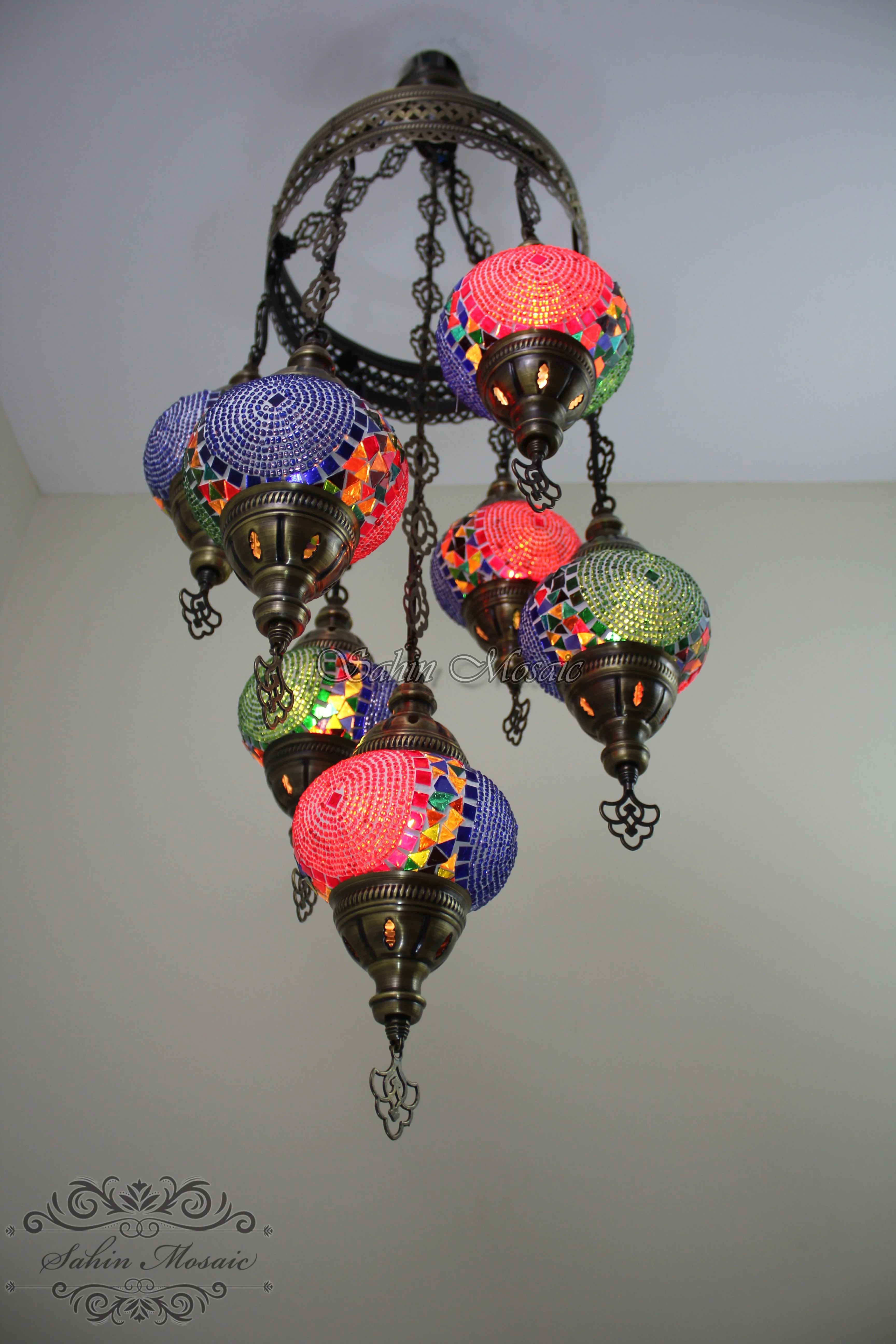 7 Ball Turkish Mosaic Chandelier - Handmade Sultan Design with Medium Globes, ID: S7M-3 - Image 7