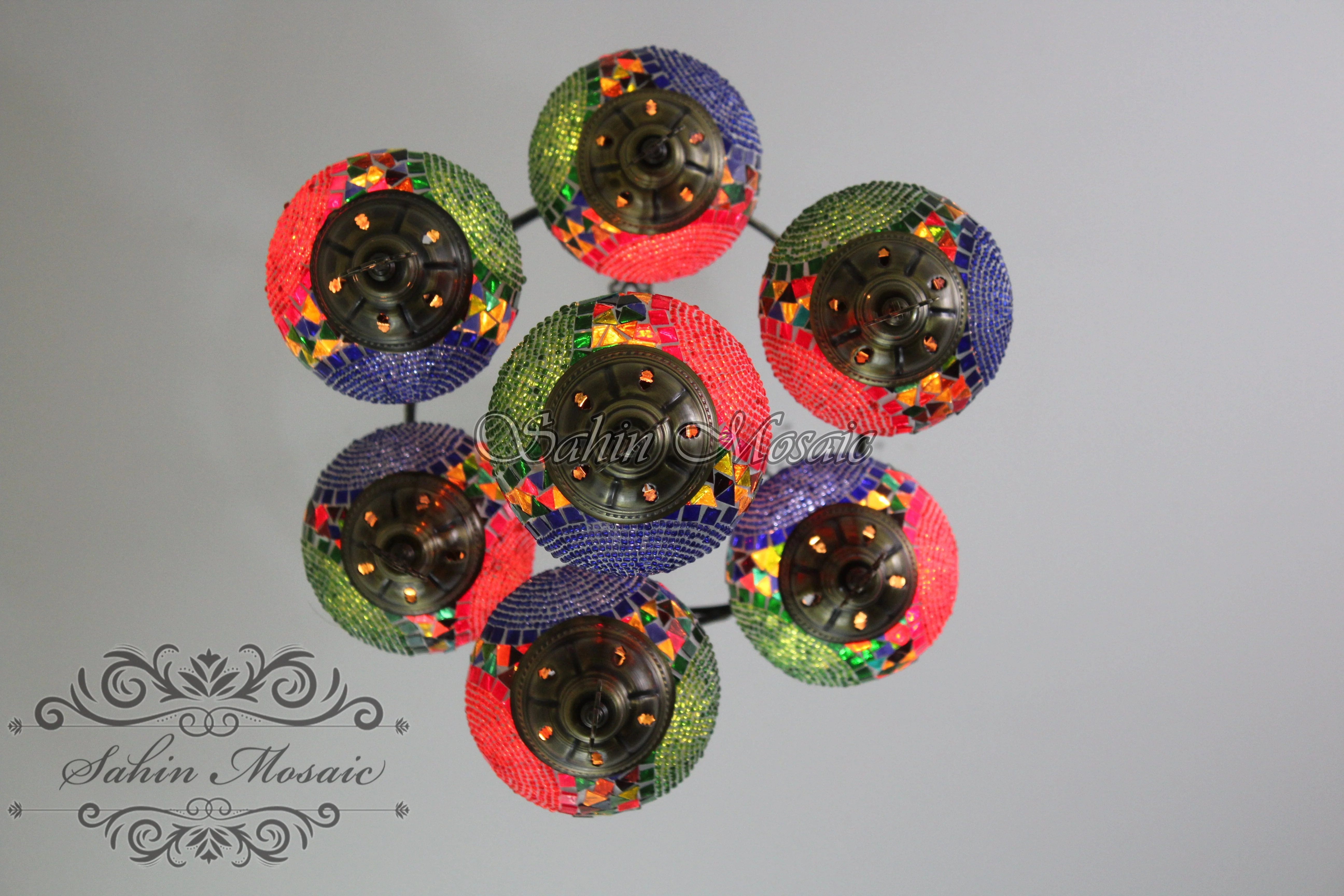 7 Ball Turkish Mosaic Chandelier - Handmade Sultan Design with Medium Globes, ID: S7M-3 - Image 8